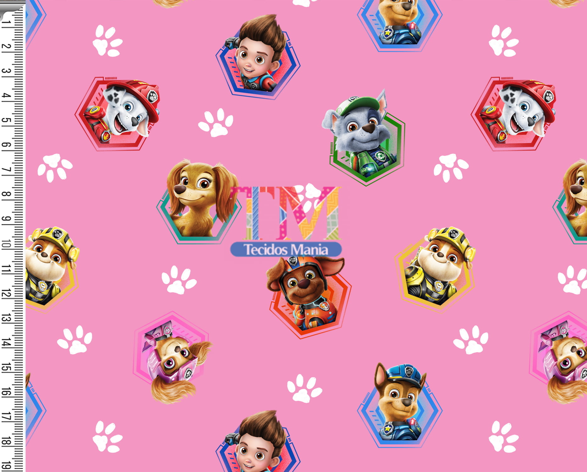 Tecido Oxford Estampa Digital - Patrulha canina - patinhas - fundo rosa