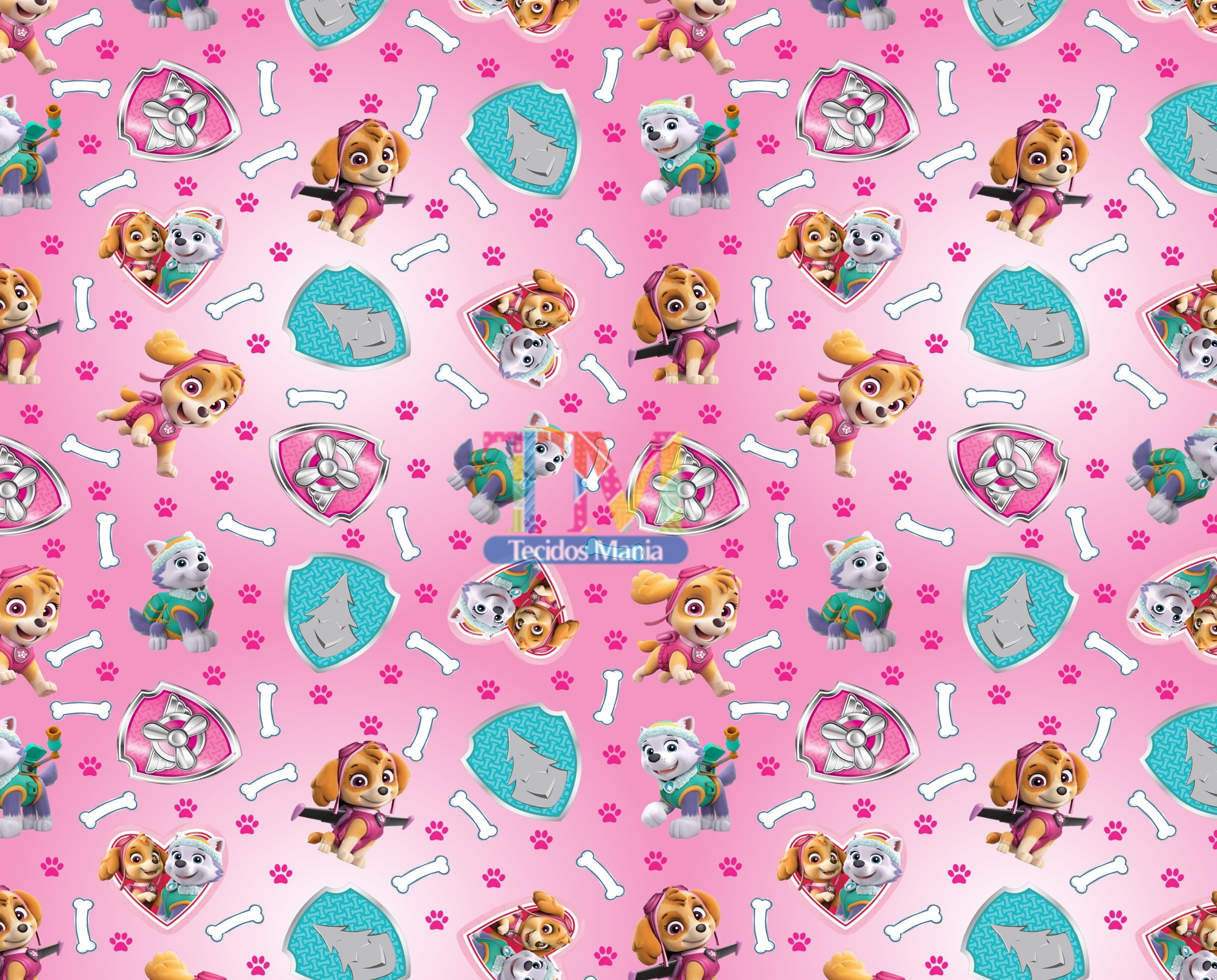 Tecido Oxford Estampa Digital - Patrulha canina skye e everest - Fundo Rosa