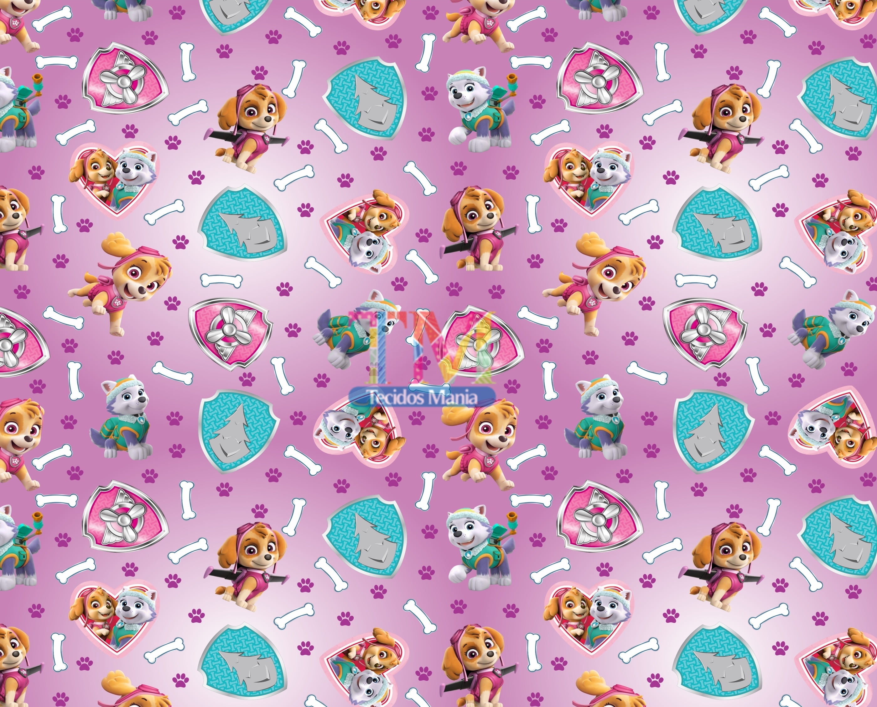 Tecido Oxford Estampa Digital - Patrulha canina skye e everest - Fundo Roxo