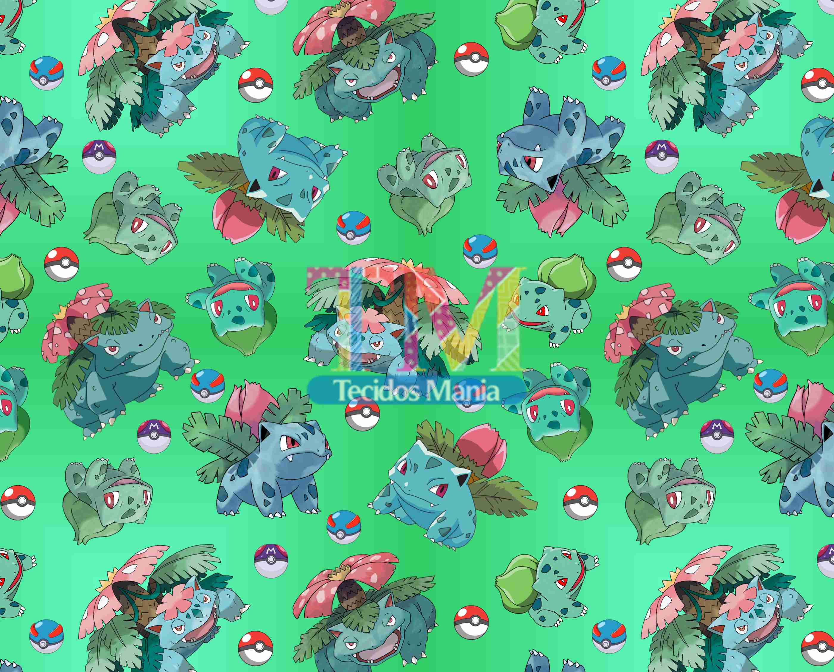 Tecido Oxford Estampa Digital - Pokémon - Evolução Bulbasaur