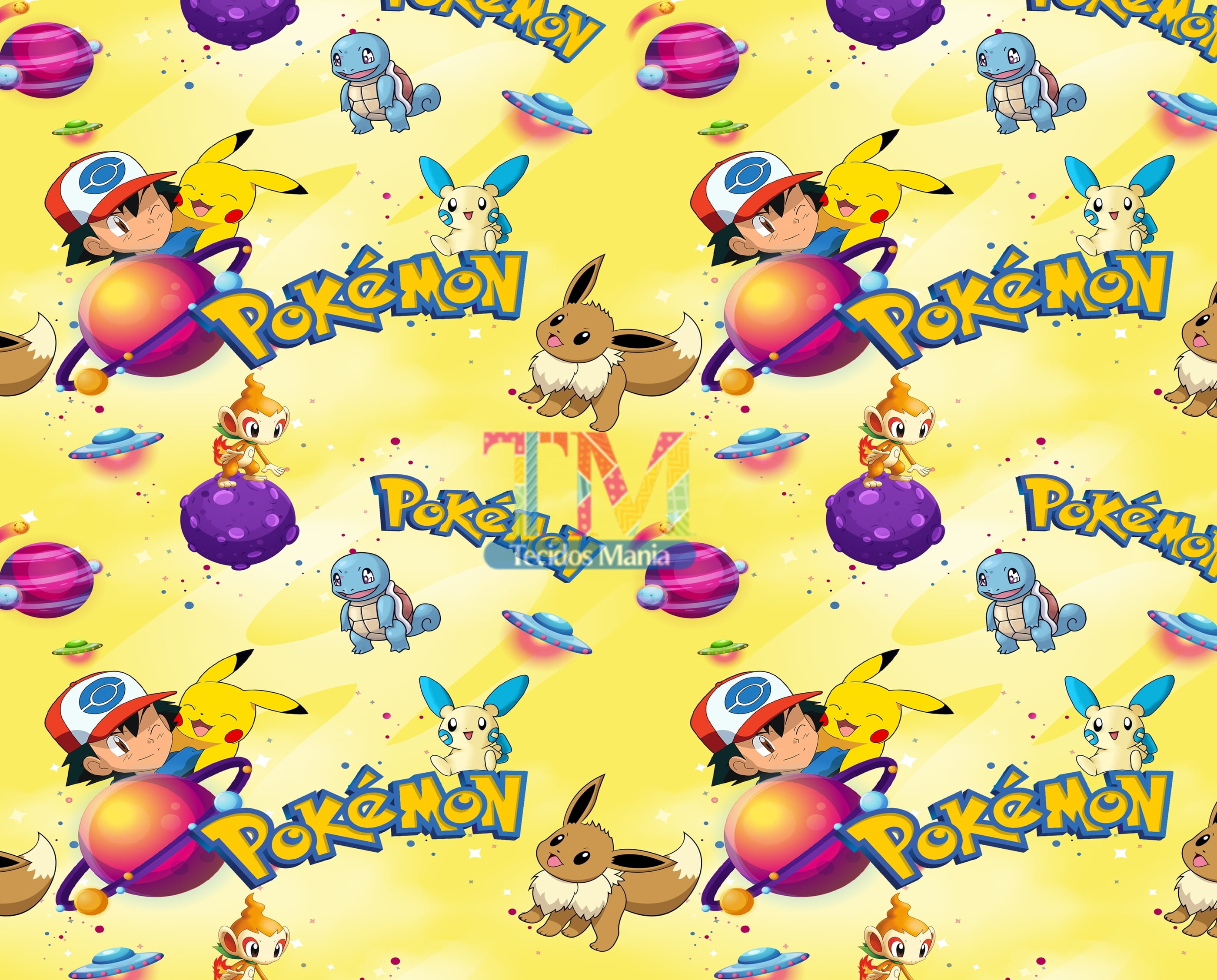 Tecido Oxford Estampa Digital - Pokémon - Pikachu e Sua Turma - Fundo Amarelo