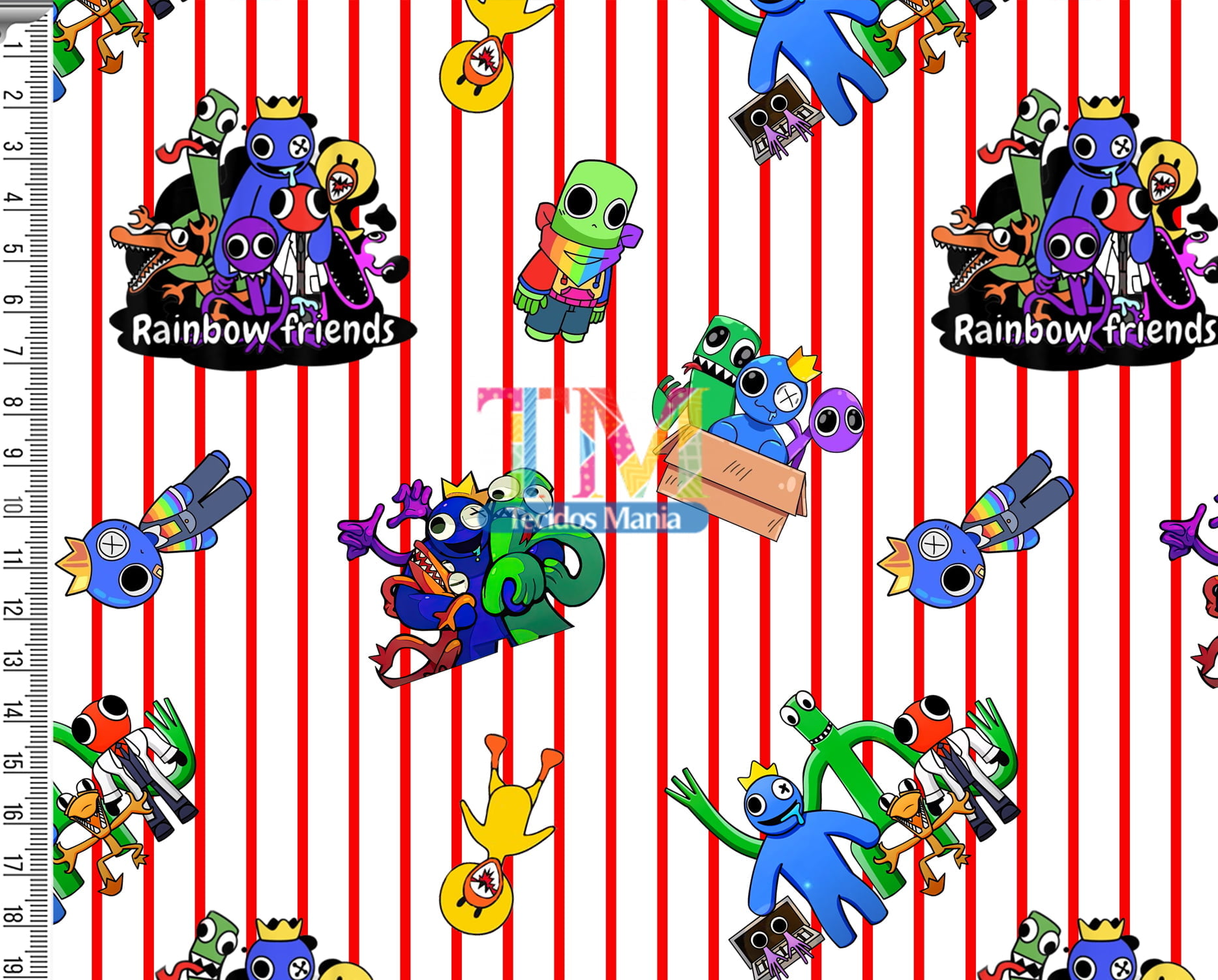 Tecido Oxford Estampa Digital - Rainbow Friends - Fundo Listras
