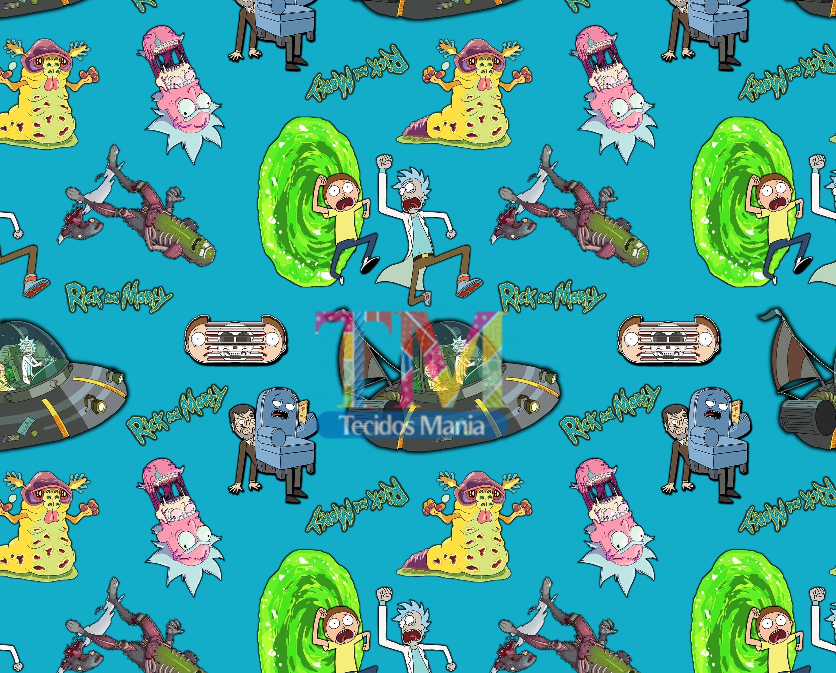 Tecido Oxford Estampa Digital - Rick e Morty - Fundo Azul