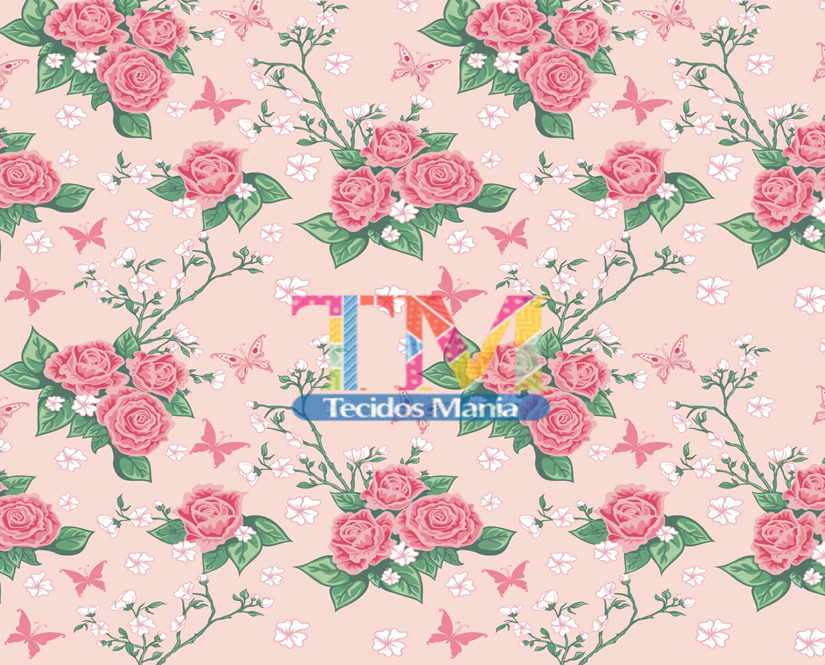 Tecido Oxford Estampa Digital - Rosas e Borboletas - Fundo Rosa