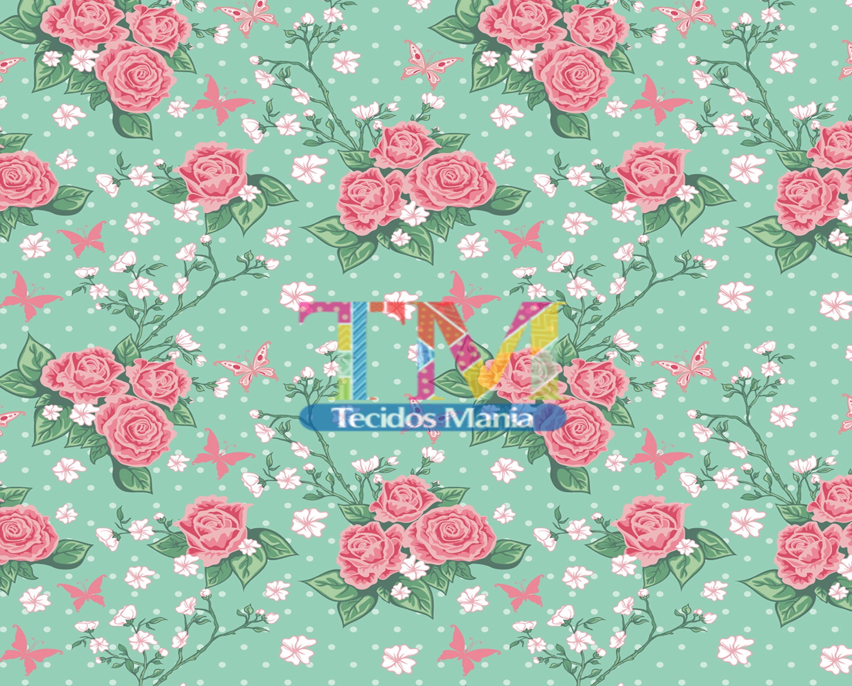 Tecido Oxford Estampa Digital - Rosas e borboletas - Fundo Verde