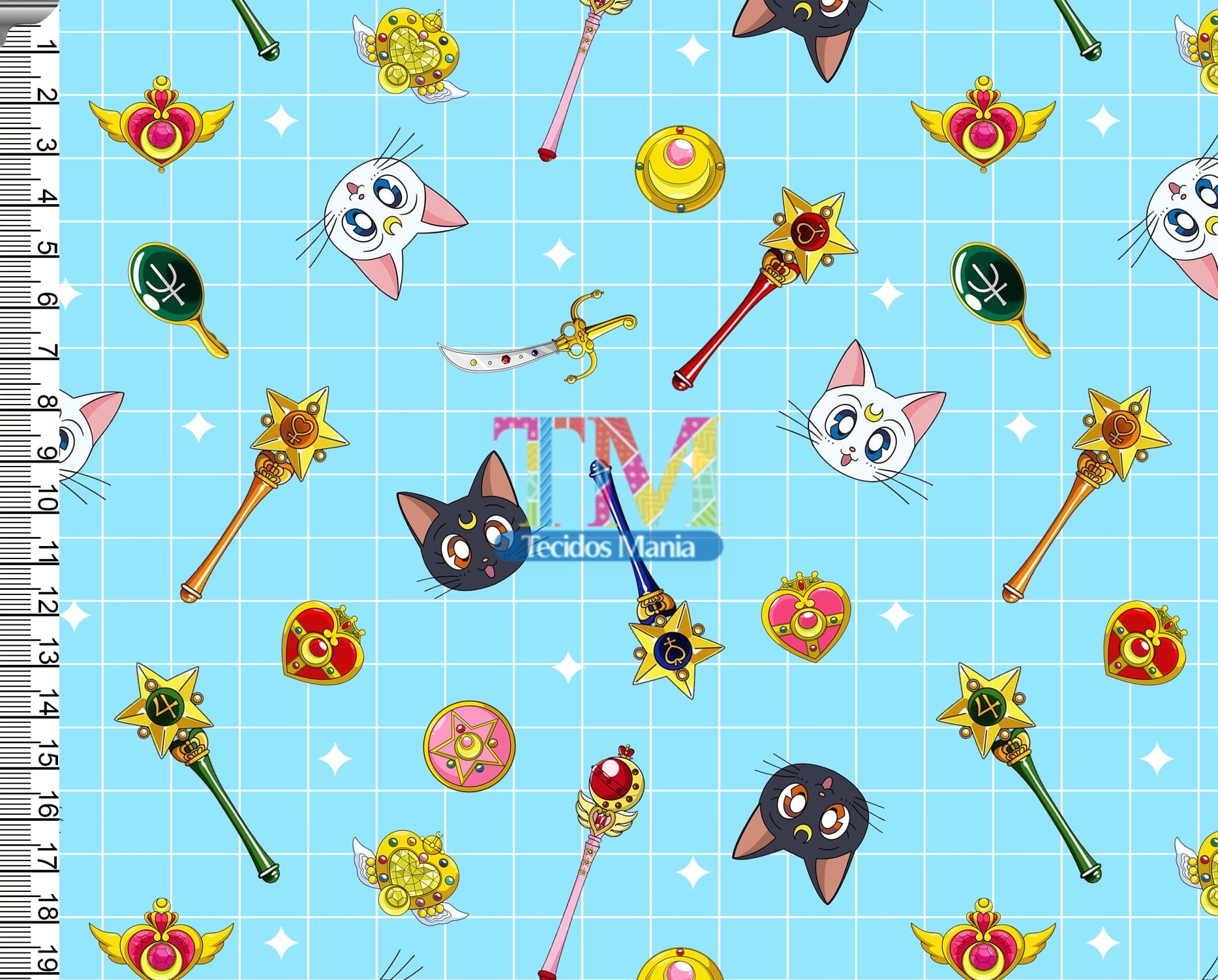 Tecido Oxford Estampa Digital - Sailor Moon - Quadriculado - Azul Claro