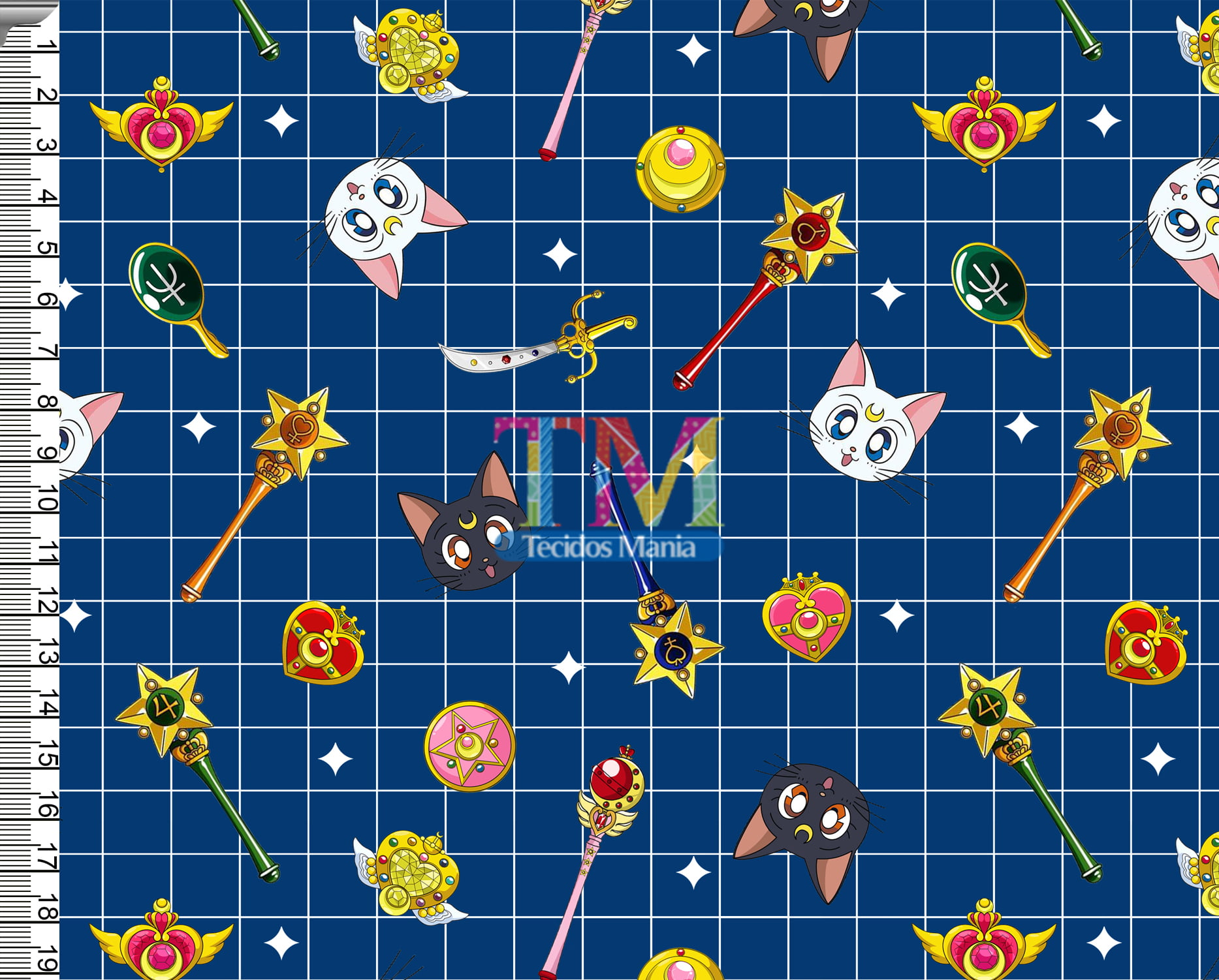 Tecido Oxford Estampa Digital - Sailor Moon - Quadriculado - Azul Marinho