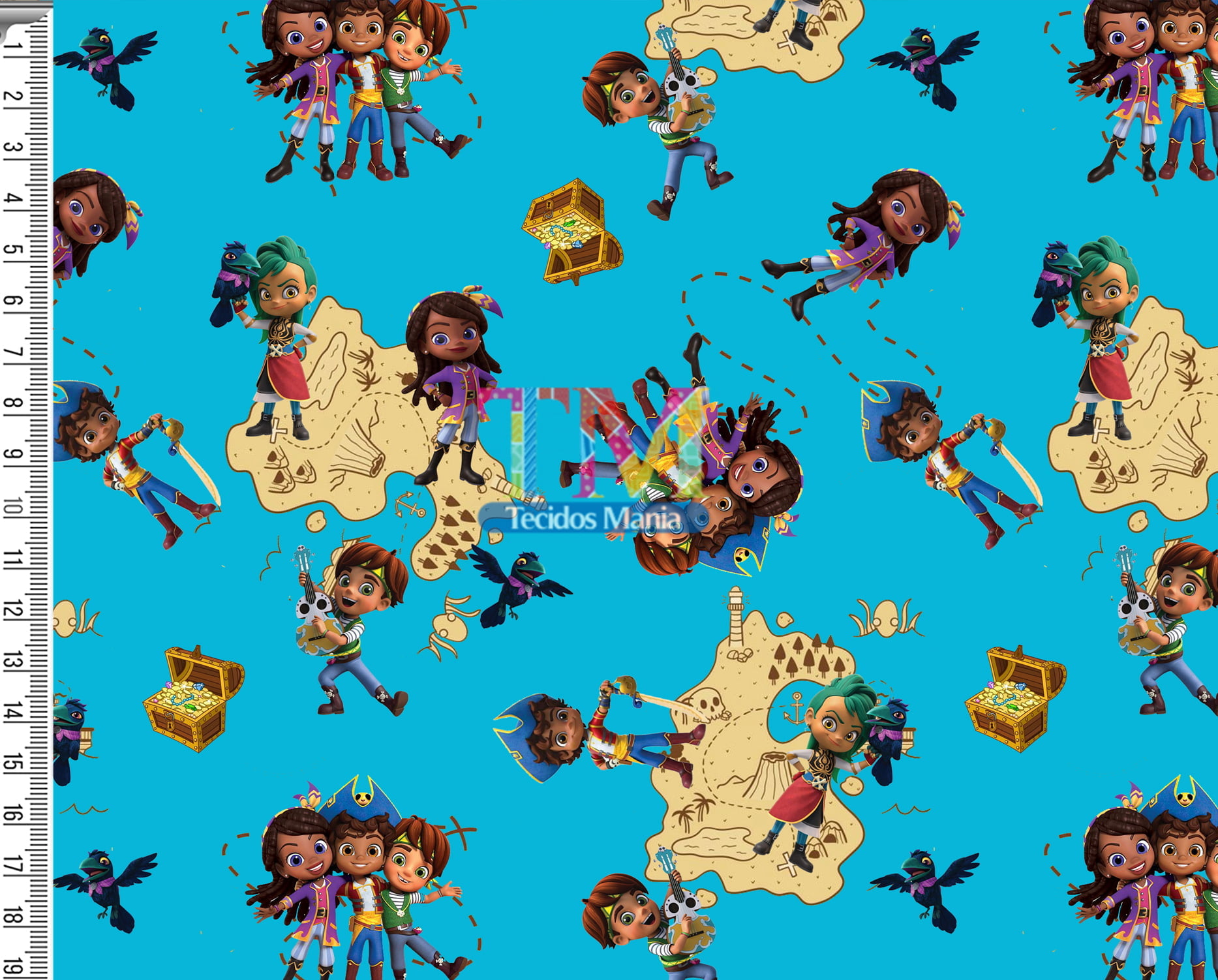 Tecido Oxford Estampa Digital - Santiago dos Mares - Mapa - Fundo Azul