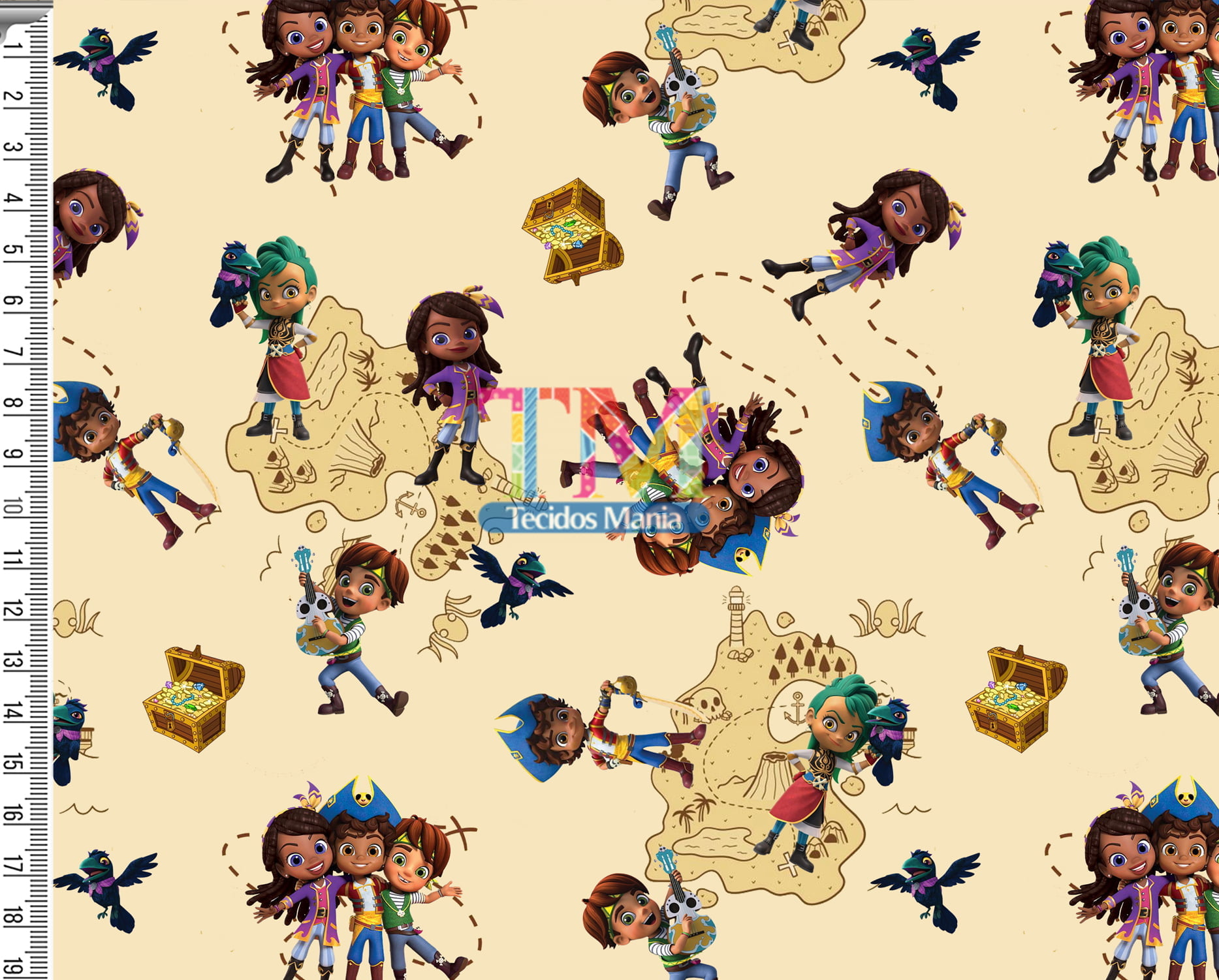 Tecido Oxford Estampa Digital - Santiago dos Mares - Mapa - Fundo Bege