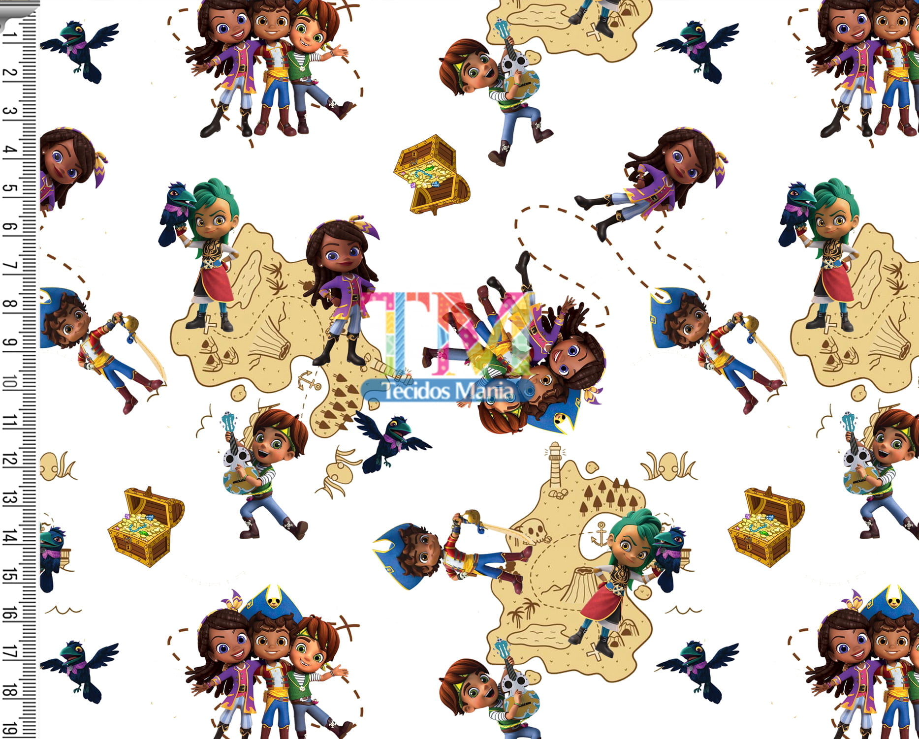 Tecido Oxford Estampa Digital - Santiago dos Mares - Mapa - Fundo Branco