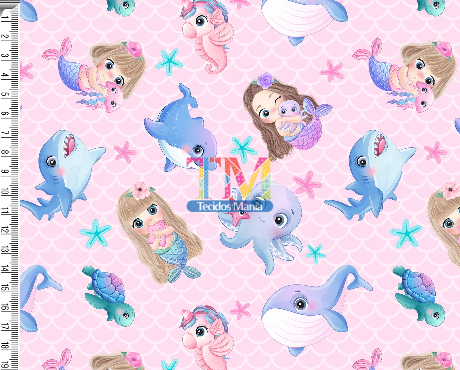 Tecido Oxford Estampa Digital - Sereia Baby - Animais Marinhos - Fundo Rosa