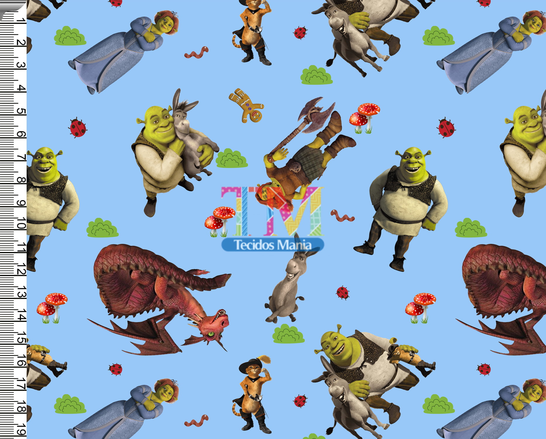 Tecido Oxford Estampa Digital - Shrek sua Turma - Fundo Azul