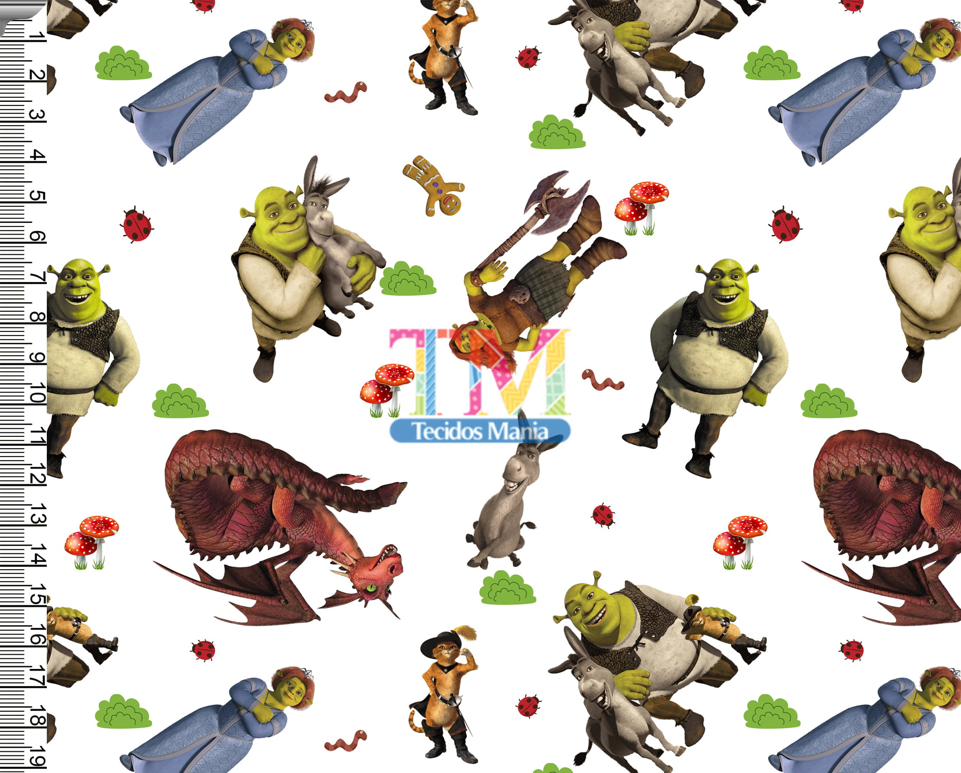 Tecido Oxford Estampa Digital - Shrek sua Turma - Fundo Branco