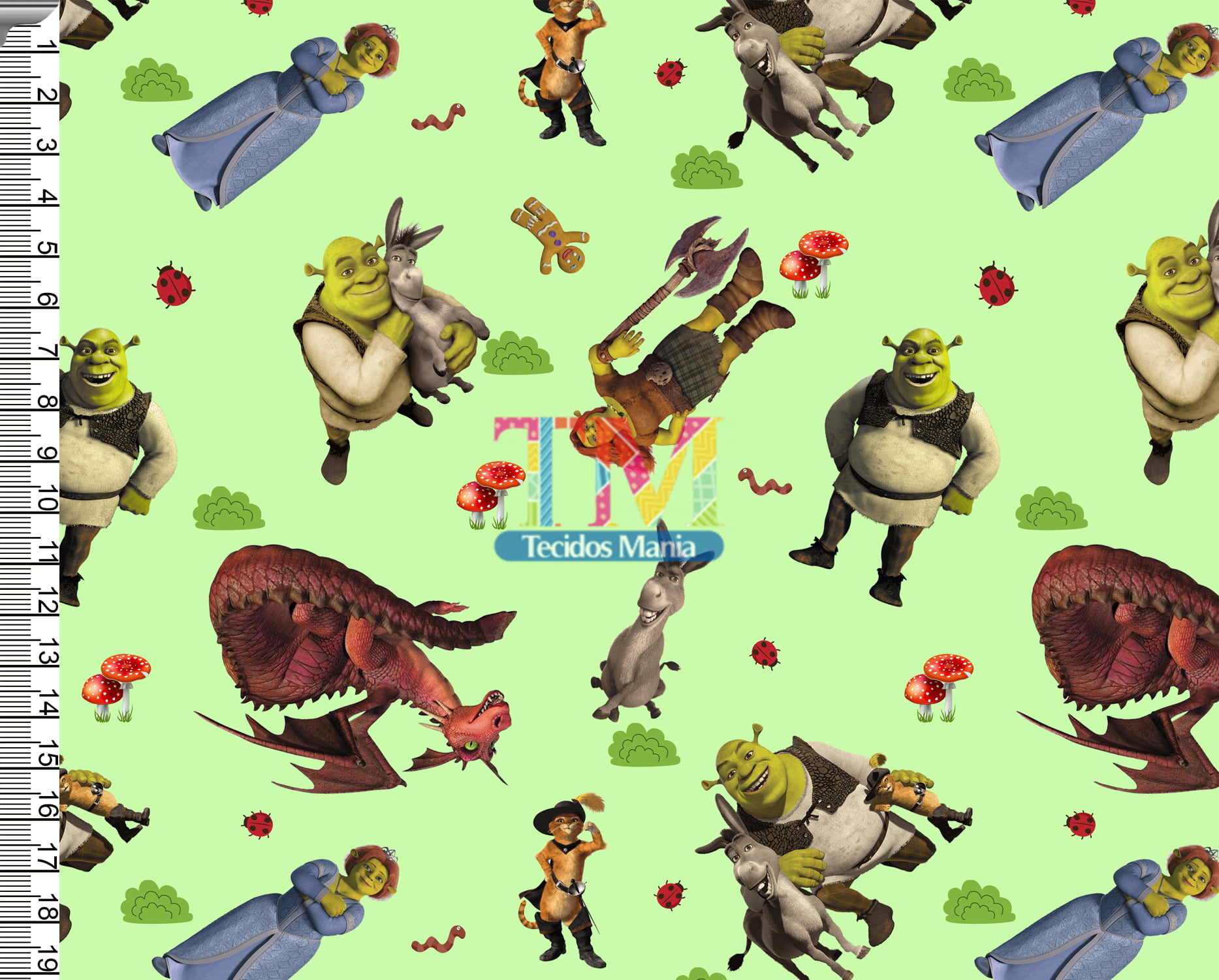 Tecido Oxford Estampa Digital - Shrek sua Turma - Fundo Verde