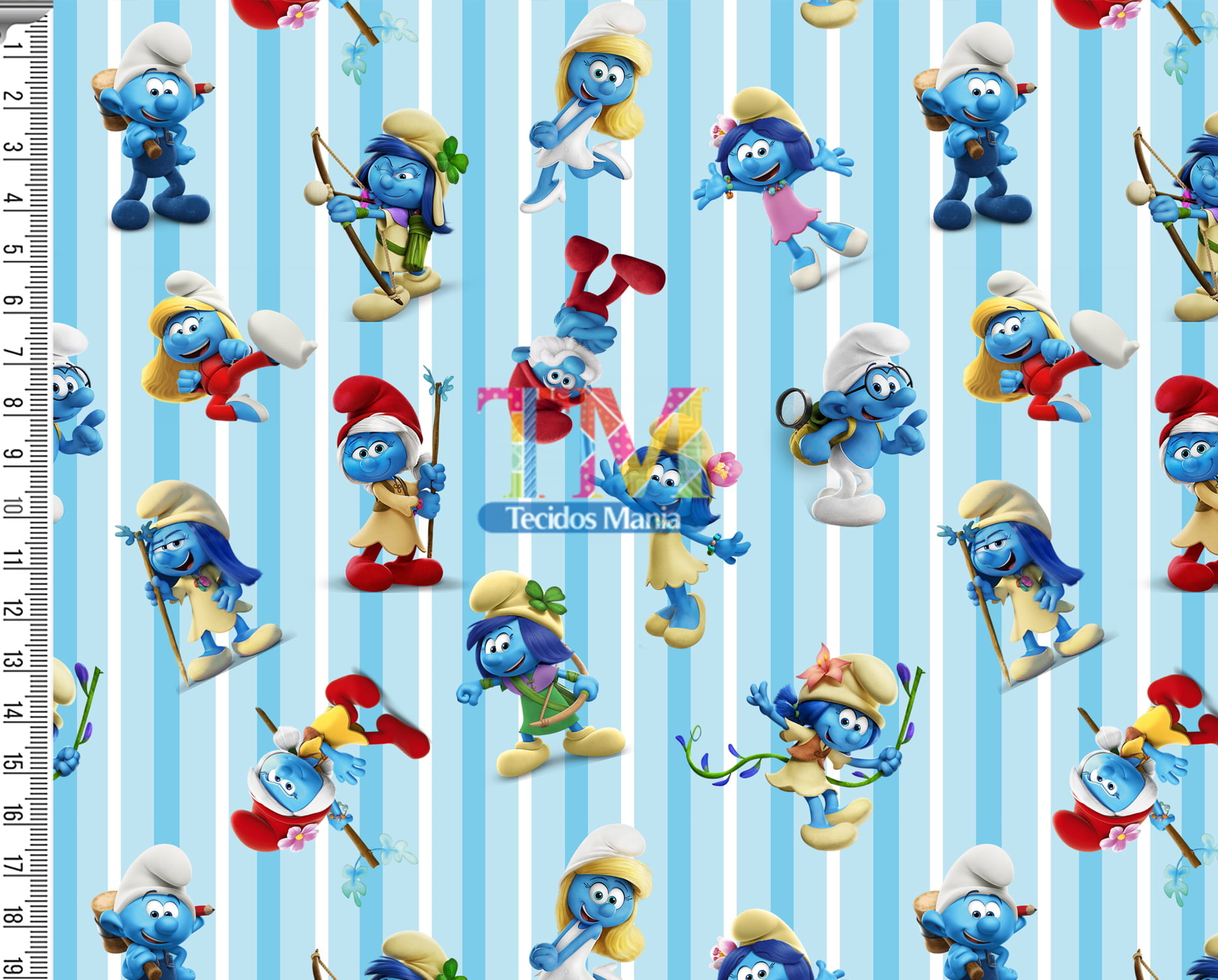 Tecido Oxford Estampa Digital - Smurf - Listras - Azul