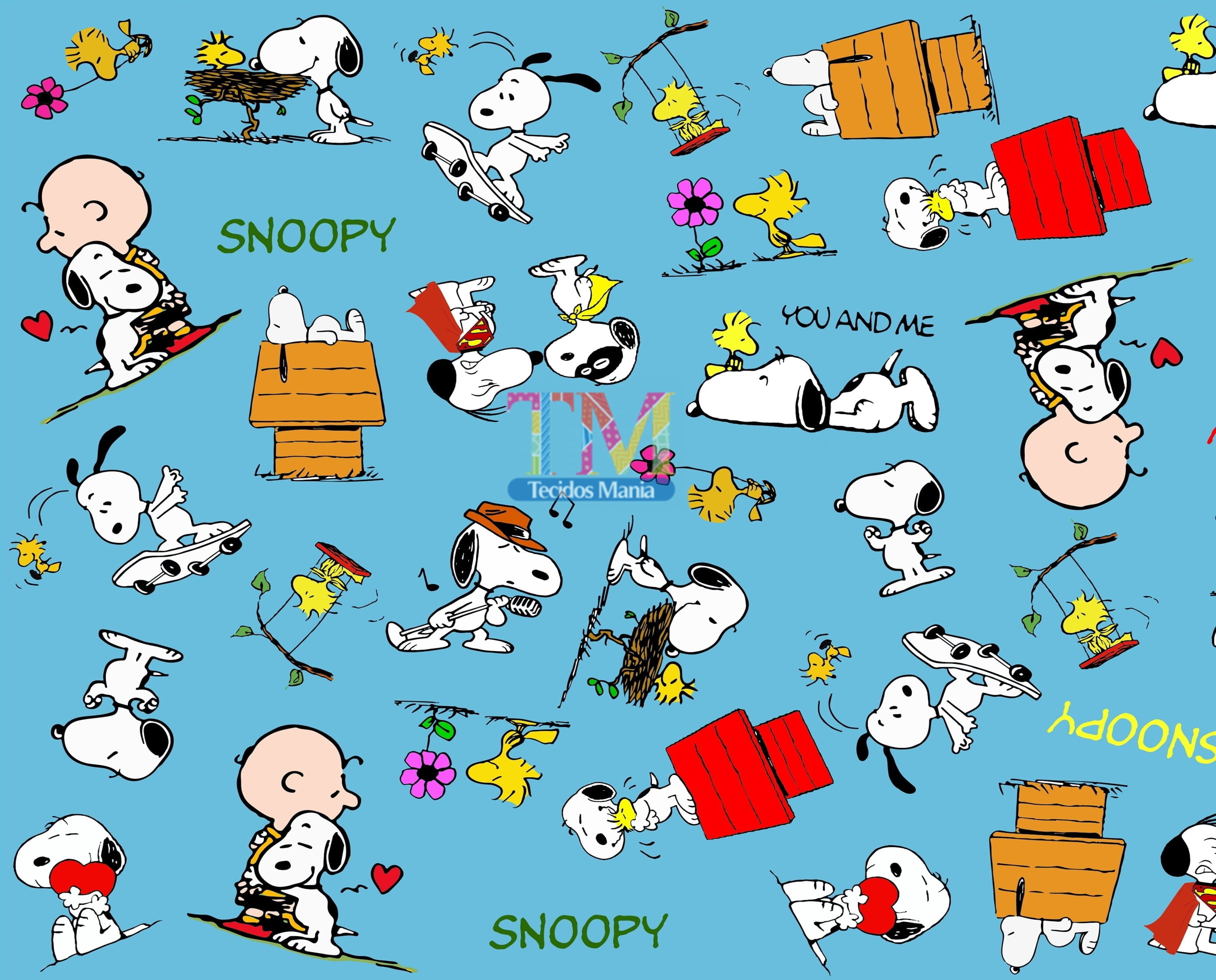 Tecido Oxford Estampa Digital - Snoopy e Charlie Brown - Fundo Azul