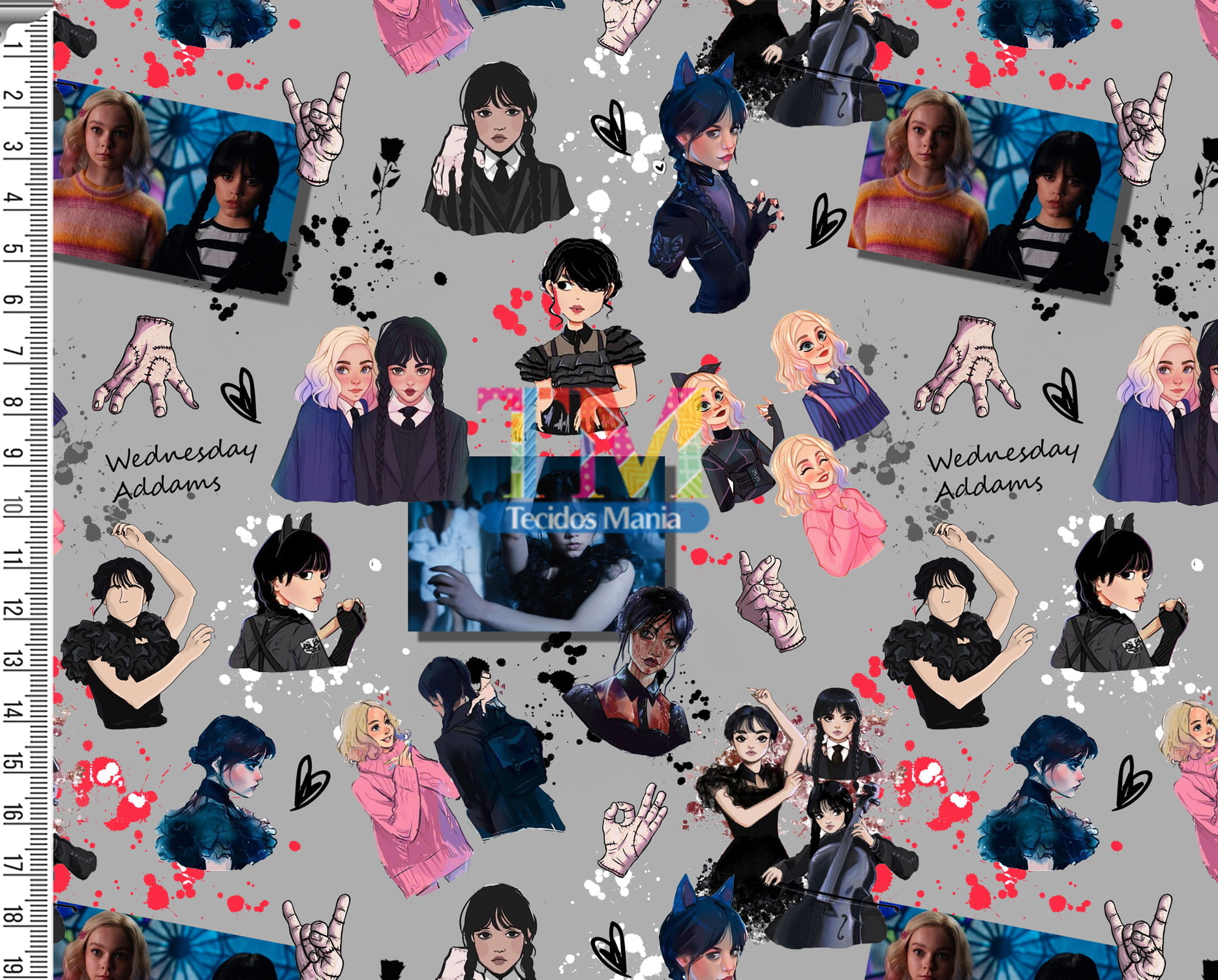 Tecido Oxford Estampa Digital - Wandinha - Aquarela - Fundo Cinza