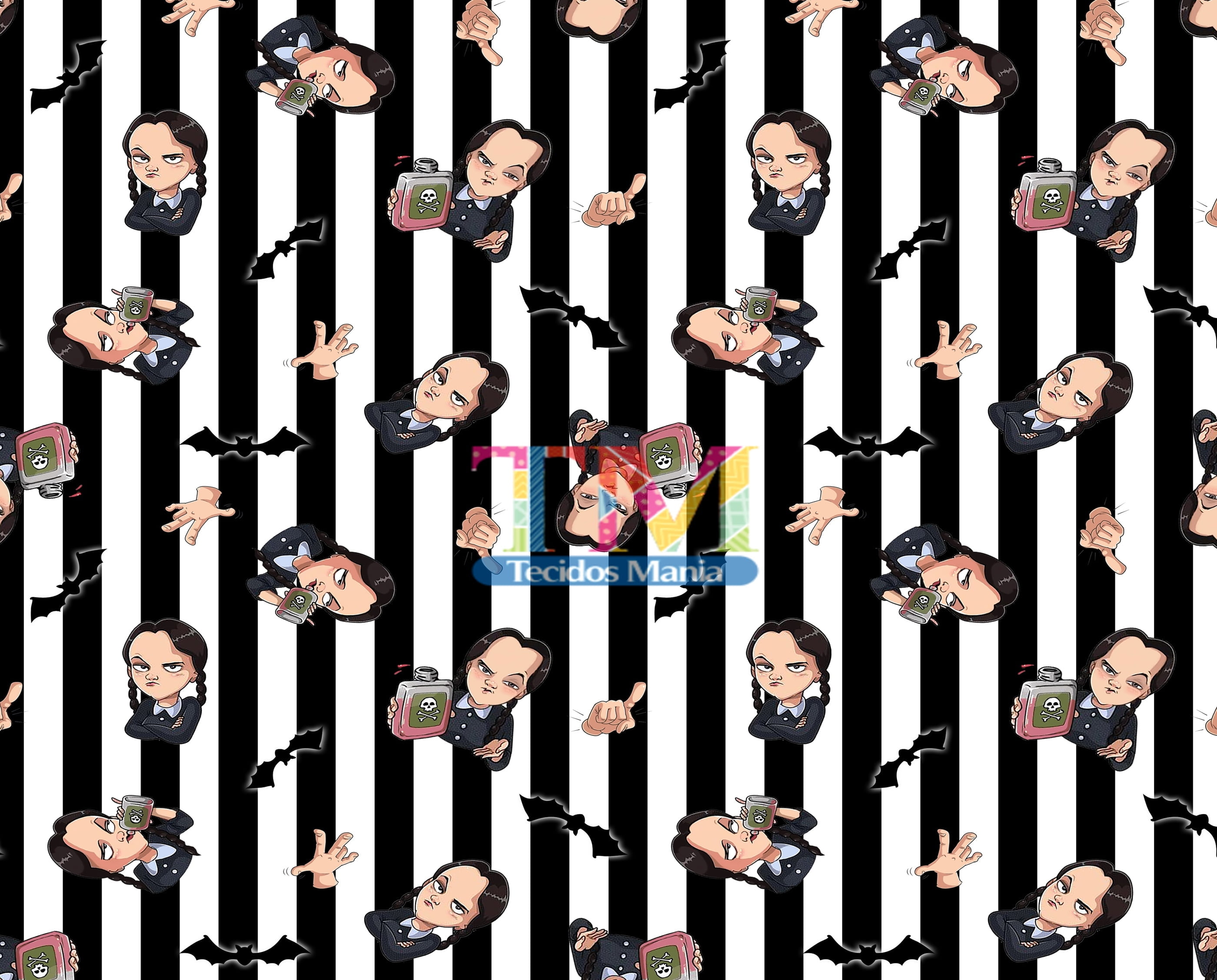 Tecido Oxford Estampa Digital - Wandinha - Fundo Listrado