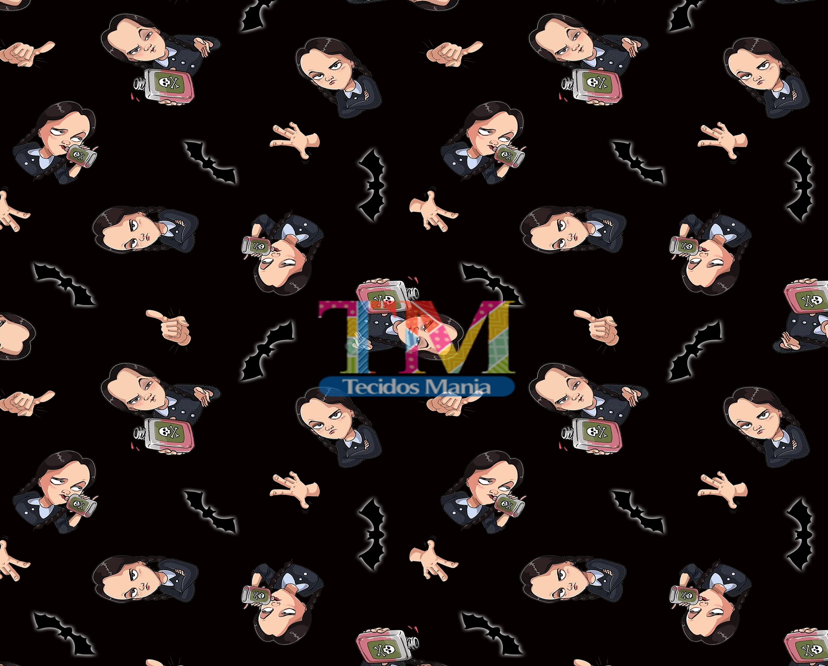 Tecido Oxford Estampa Digital - Wandinha - Fundo Preto