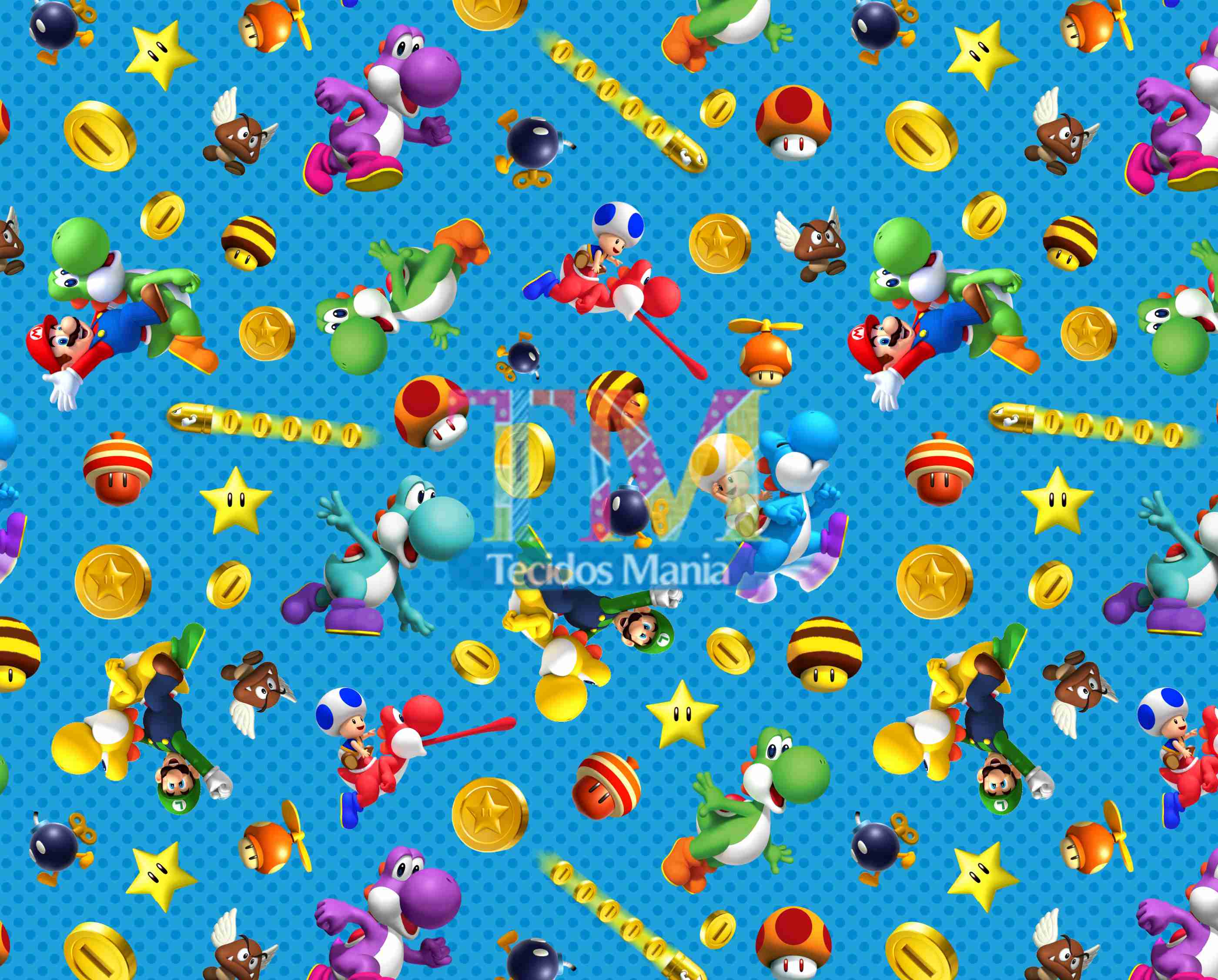 Tecido tricoline, microfibra ou gabardine estampado - Mario Bros e Yoshi colorido - Fundo azul 