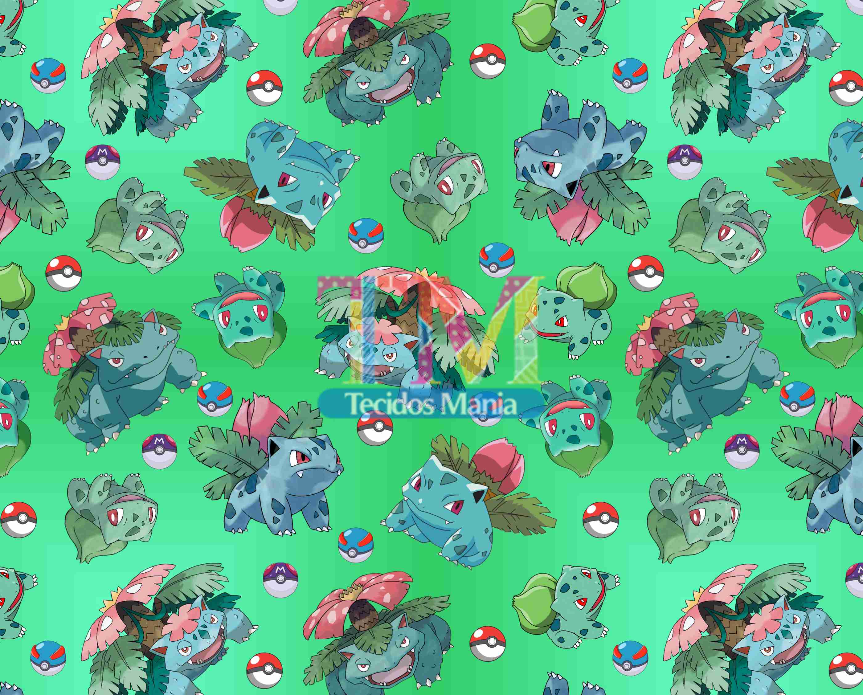 Tecido tricoline, microfibra ou gabardine estampado - Pokémon - Evolução Bulbasaur 