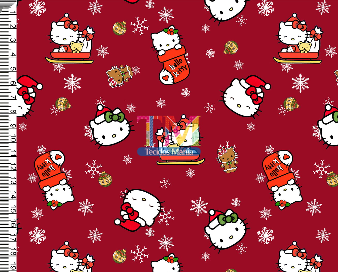 Tecido tricoline, microfibra ou gabardine estampado - Hello Kitty Natal - Fundo Vermelho