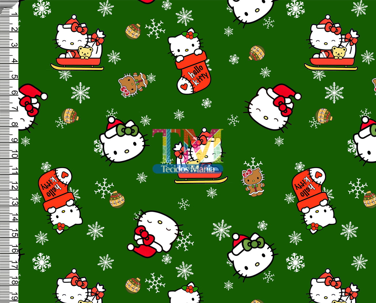 Tecido tricoline, microfibra ou gabardine estampado - Hello Kitty Natal - Fundo Verde