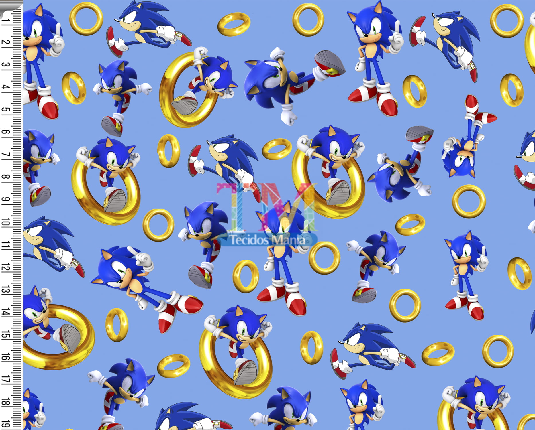 Tecido tricoline, microfibra ou gabardine estampado - Anel do Sonic - Fundo azul