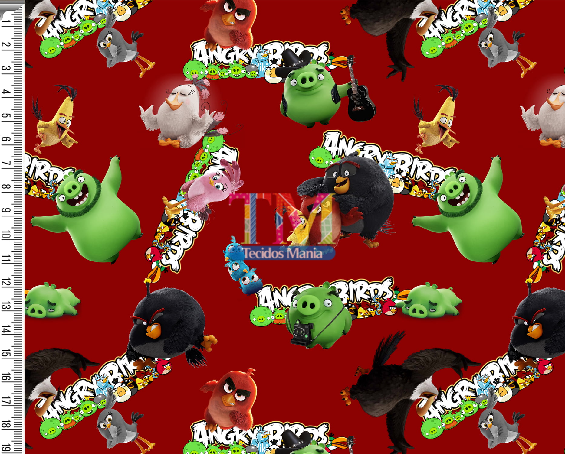 Tecido tricoline, microfibra ou gabardine estampado -  Angry Birds e sua turma - Fundo vermelho