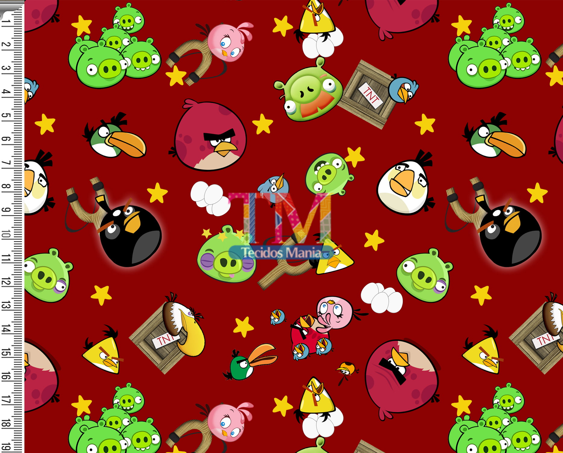 Tecido tricoline, microfibra ou gabardine estampado - Angry Birds - Estrelas - Fundo vermelho