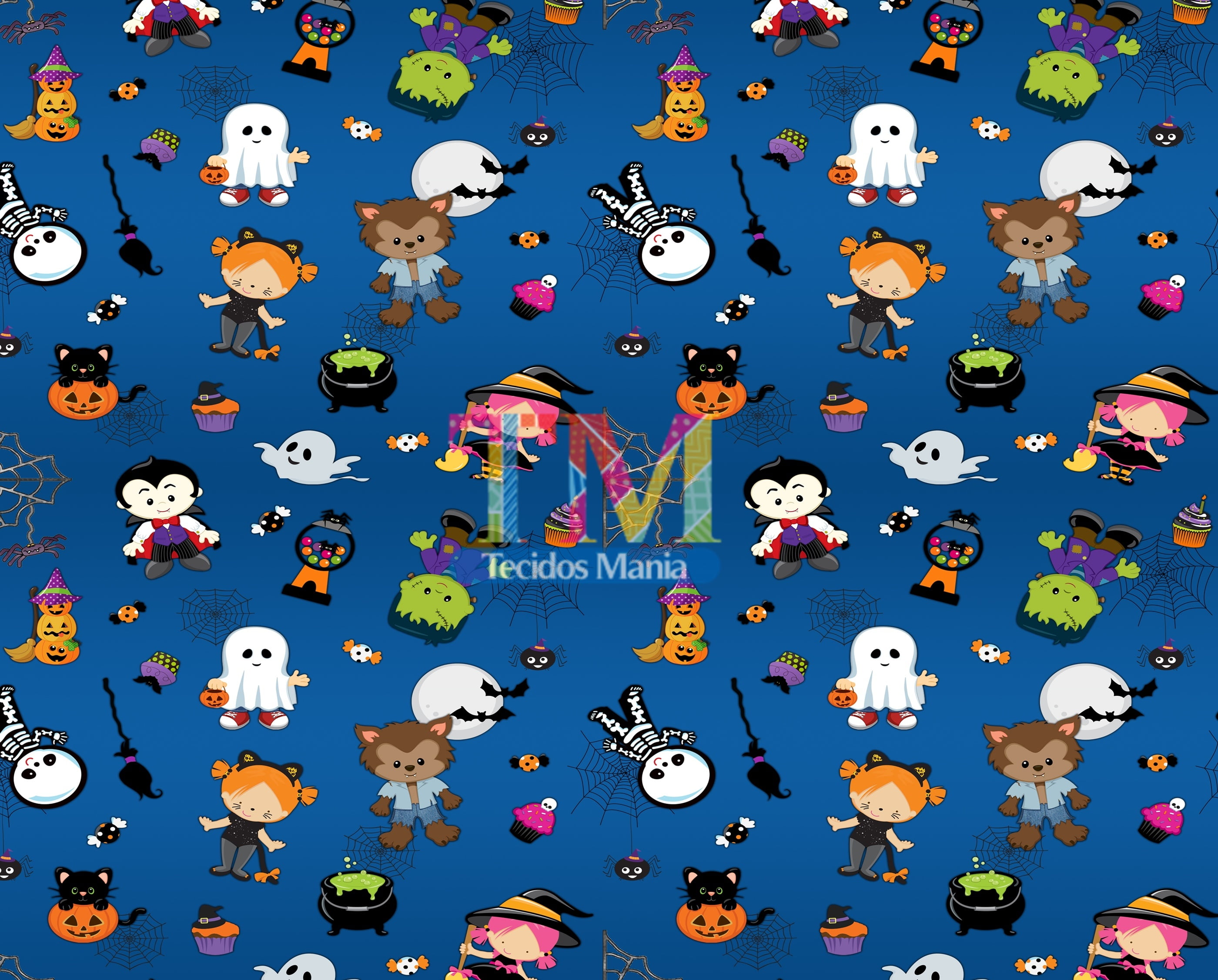 Tecido tricoline, microfibra ou gabardine estampado - Halloween - Fundo Azul