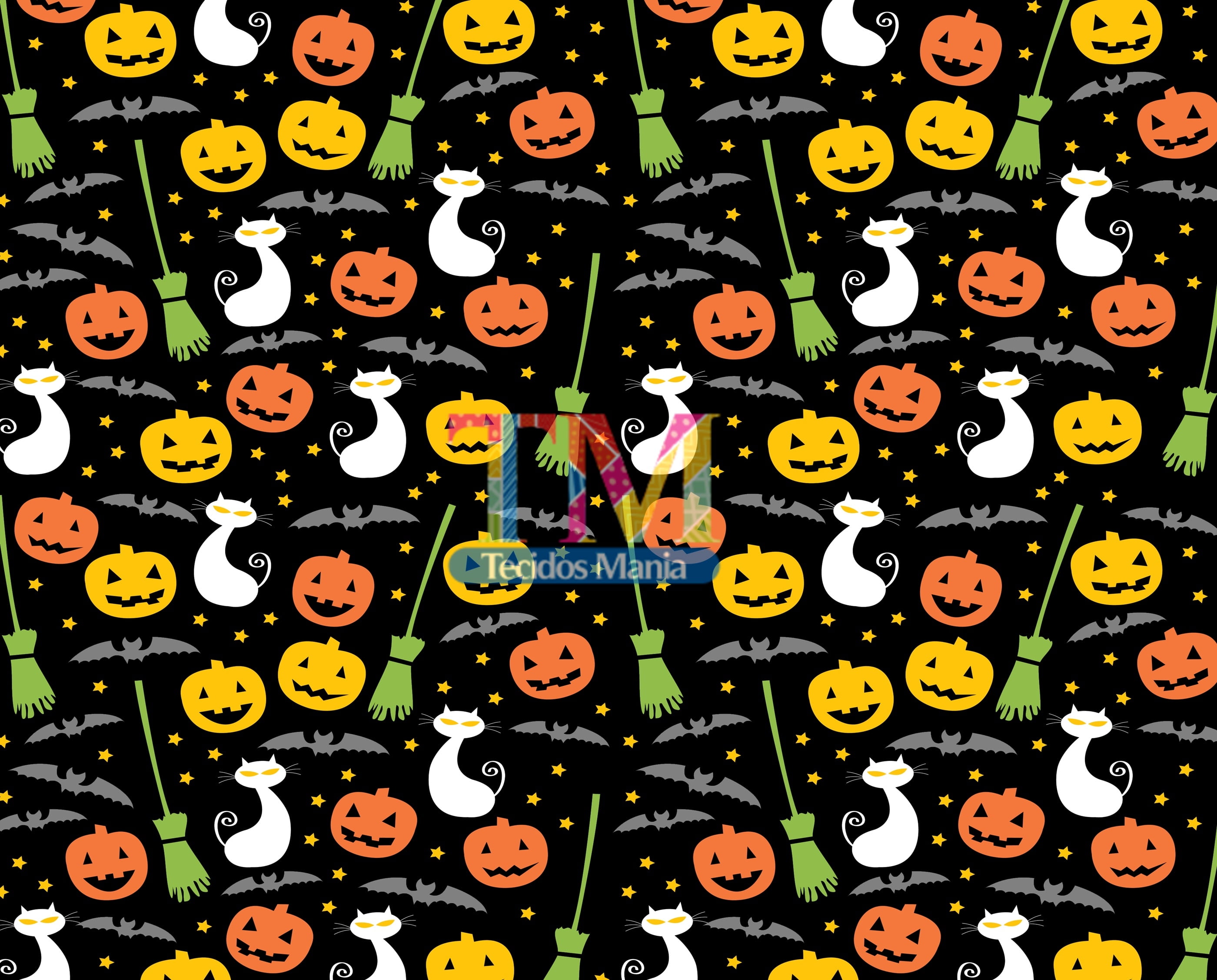 Tecido tricoline, microfibra ou gabardine estampado - Halloween - Gato e Abóbora - Fundo Preto 