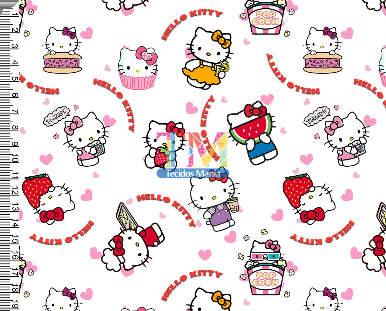 Tecido tricoline, microfibra ou gabardine estampado - Hello Kitty - Cozinheira - Fundo Branco