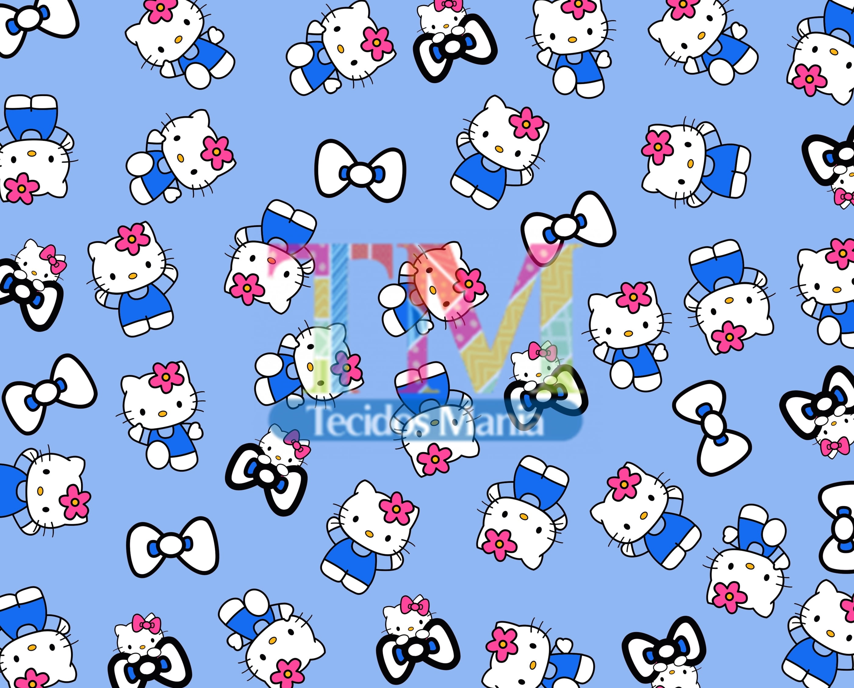 Tecido tricoline, microfibra ou gabardine estampado - Hello Kitty - fundo azul