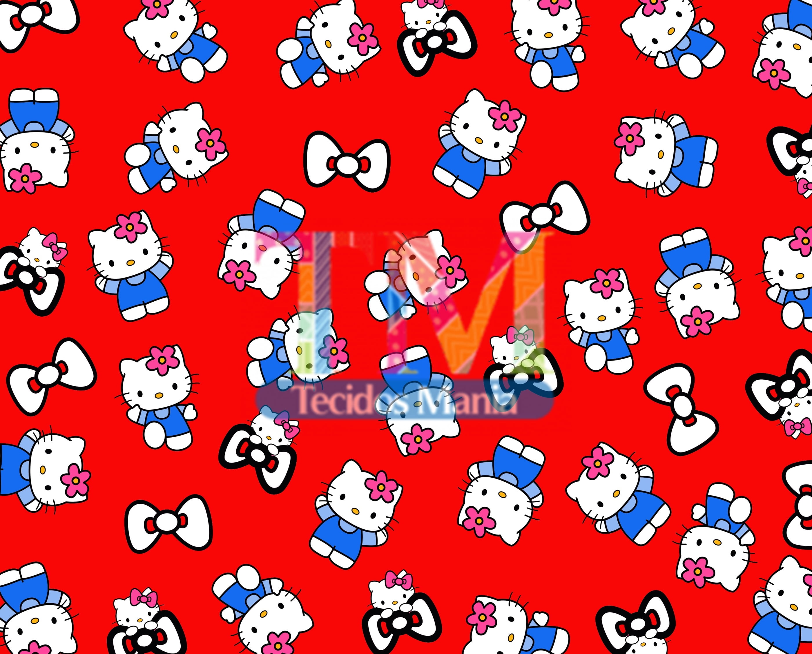 Tecido tricoline, microfibra ou gabardine estampado - Hello Kitty - Fundo vermelho