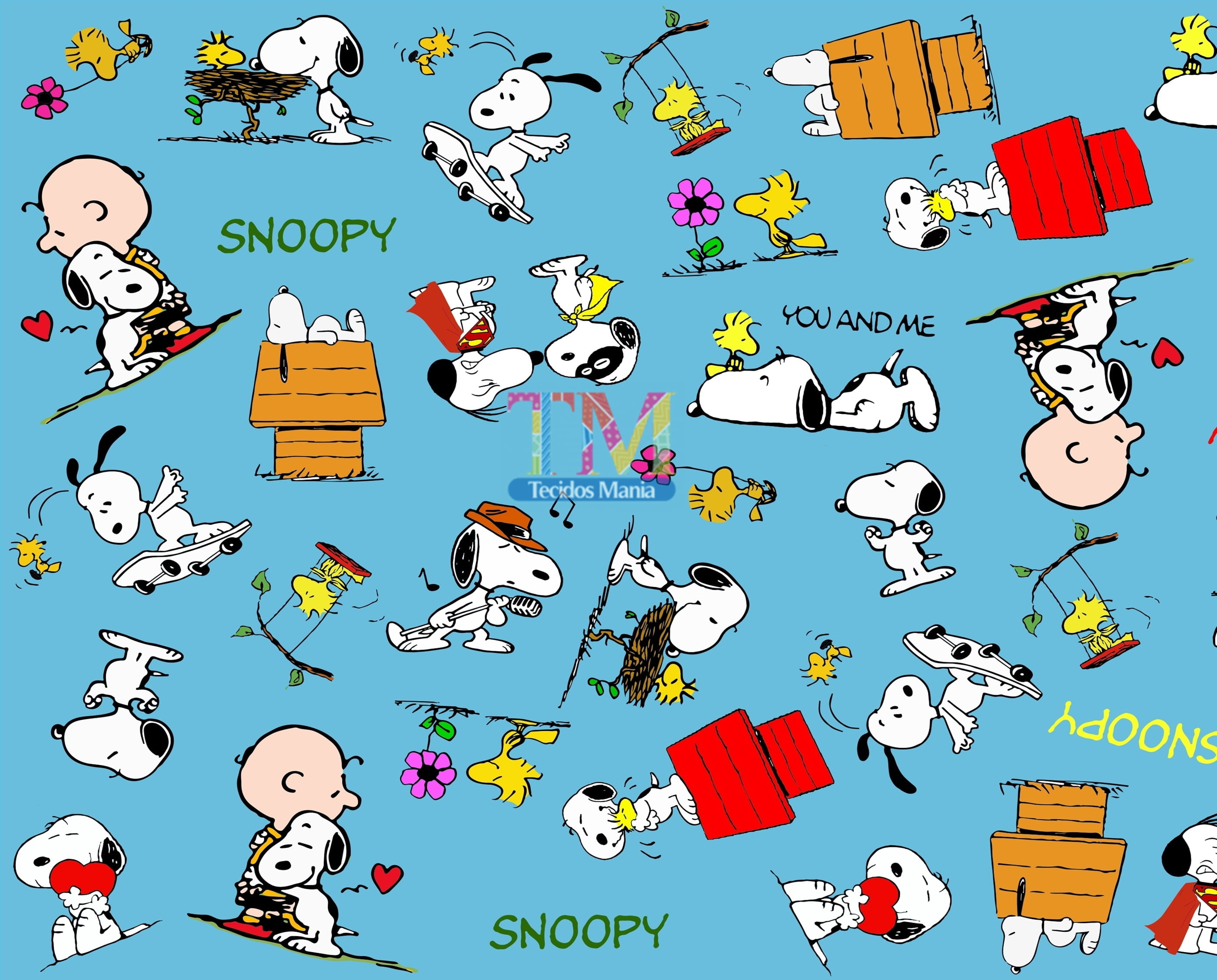 Tecido tricoline, microfibra ou gabardine estampado - Snoopy e Charlie Brown - fundo azul