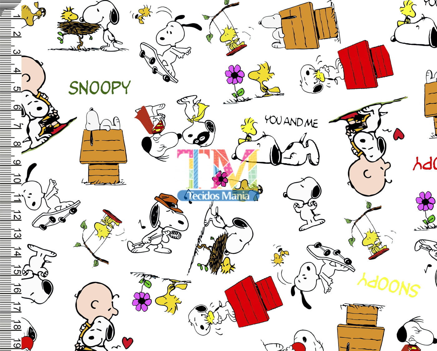 Tecido tricoline, microfibra ou gabardine estampado - Snoopy e Charlie Brown - fundo Branco