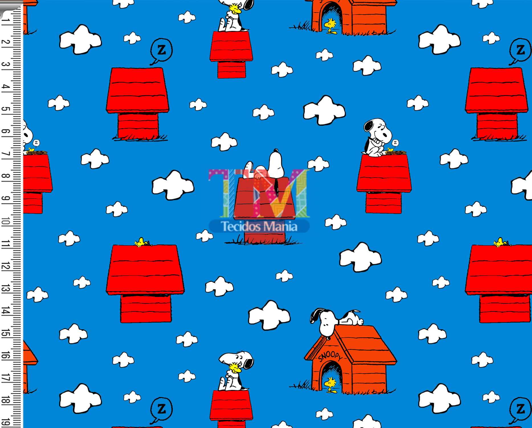 Tecido tricoline, microfibra ou gabardine estampado - Snoopy na casinha - fundo azul