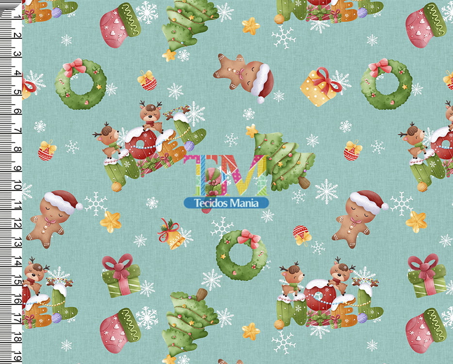 Sintético doll estampado - Natal - noel - biscoito - fundo verde