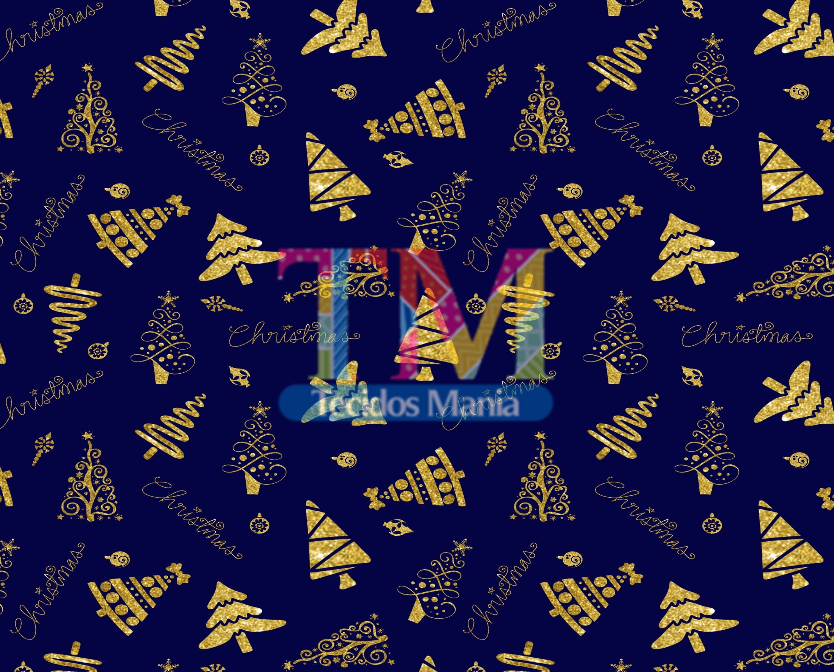 Sintético doll estampado - Árvore de Natal dourada - fundo azul