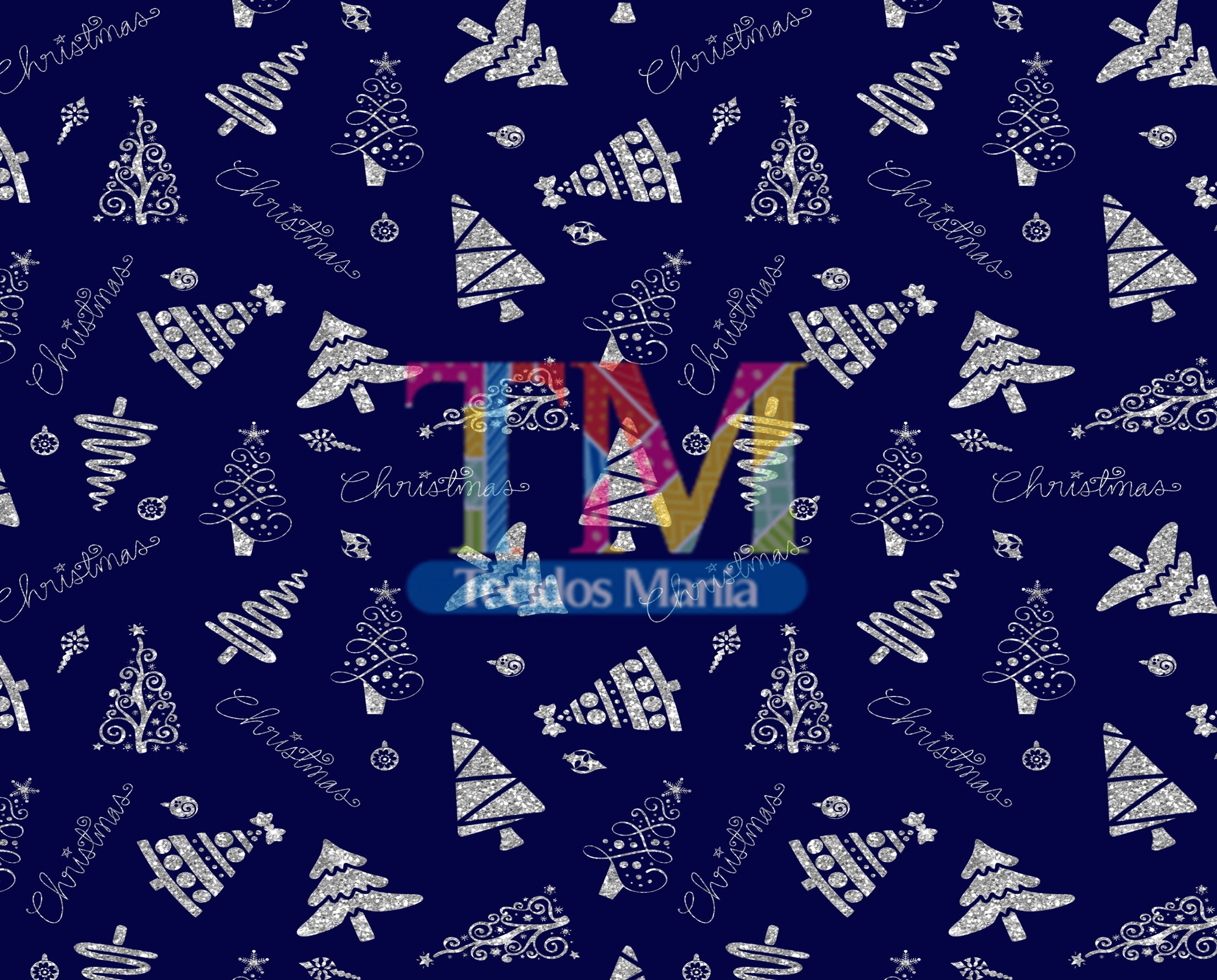 Sintético doll estampado - Árvore de Natal prata - fundo azul