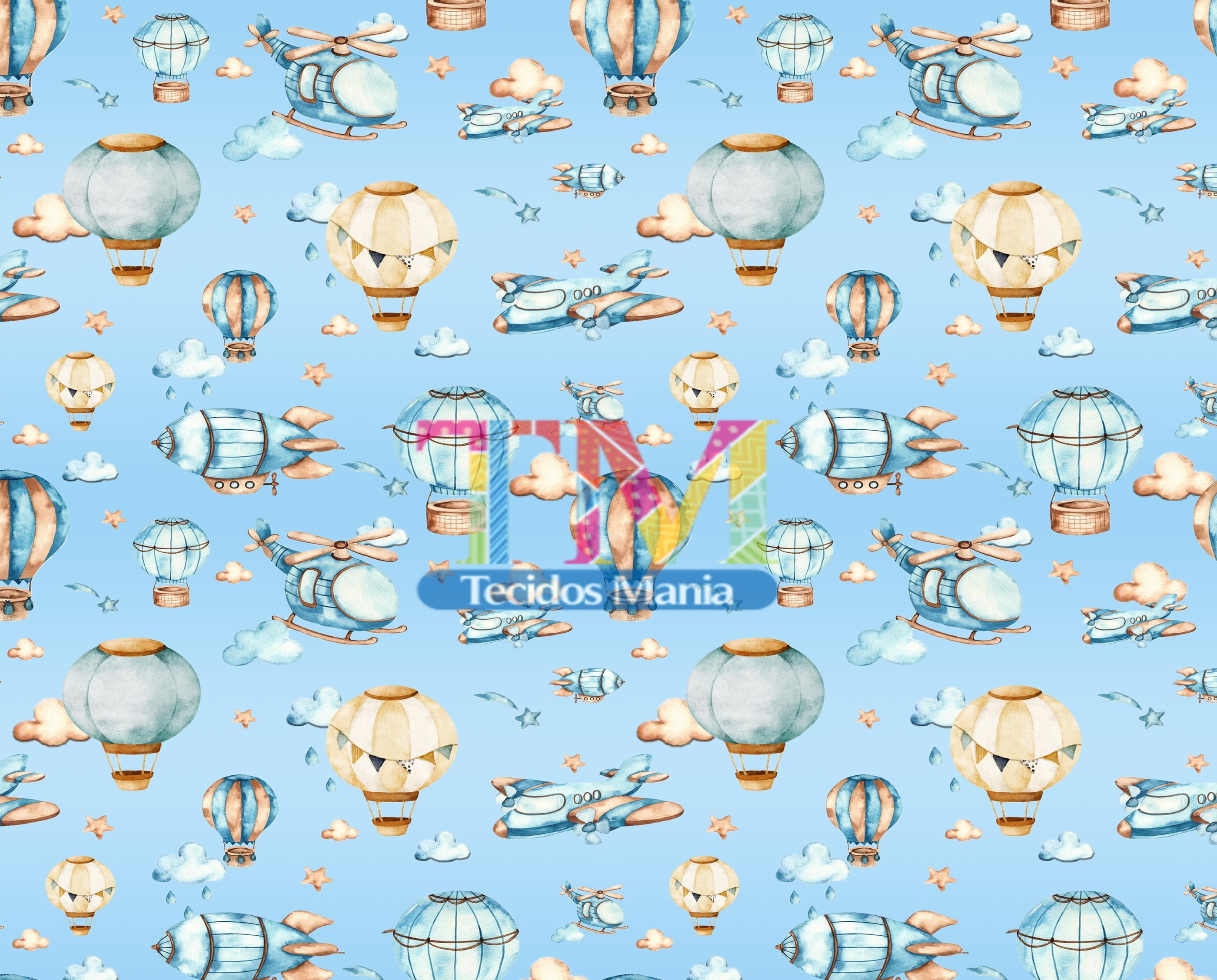 Sintético doll estampado  - Aviões e Balões - céu