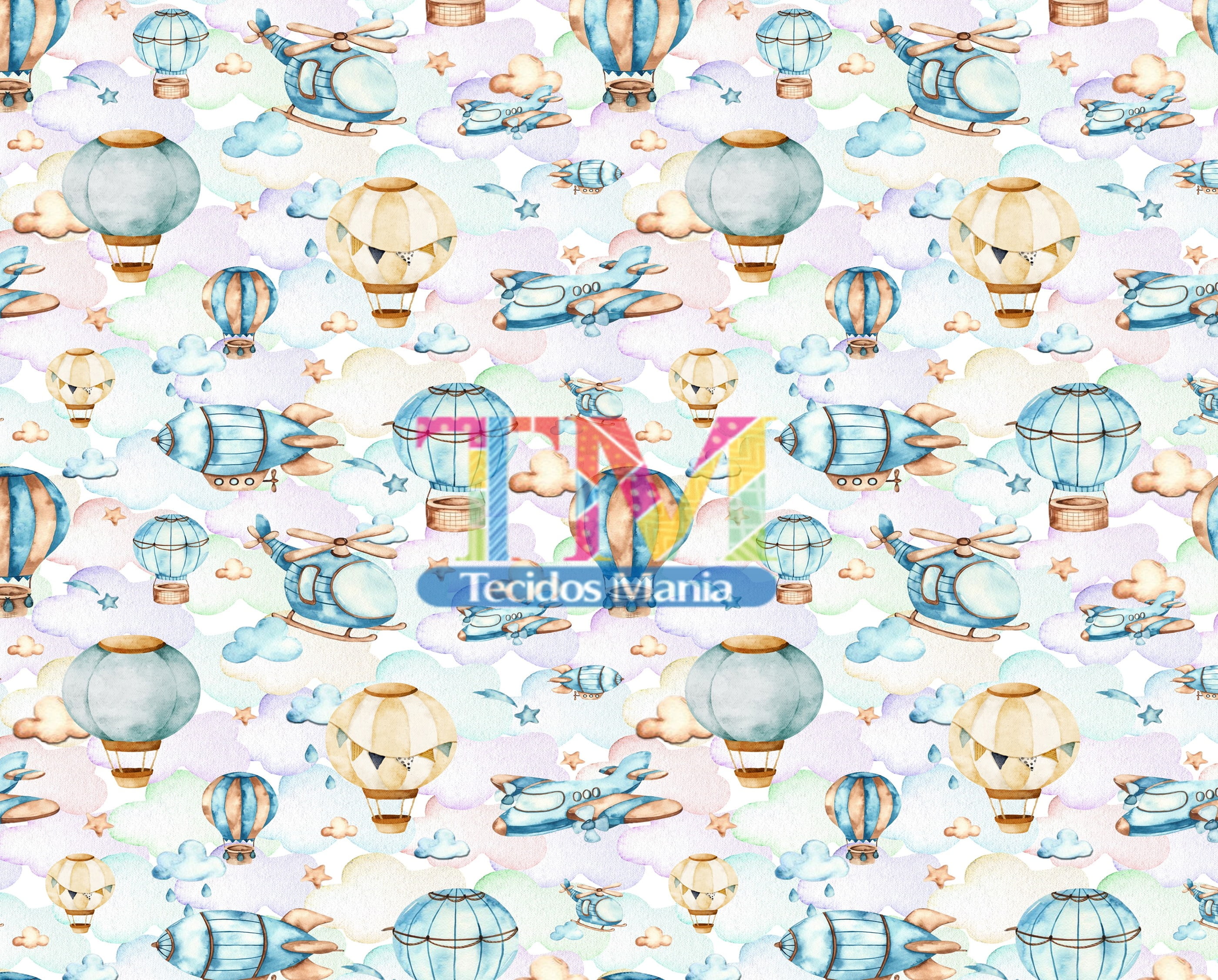 Sintético doll estampado  - Aviões e Balões - Nuvens
