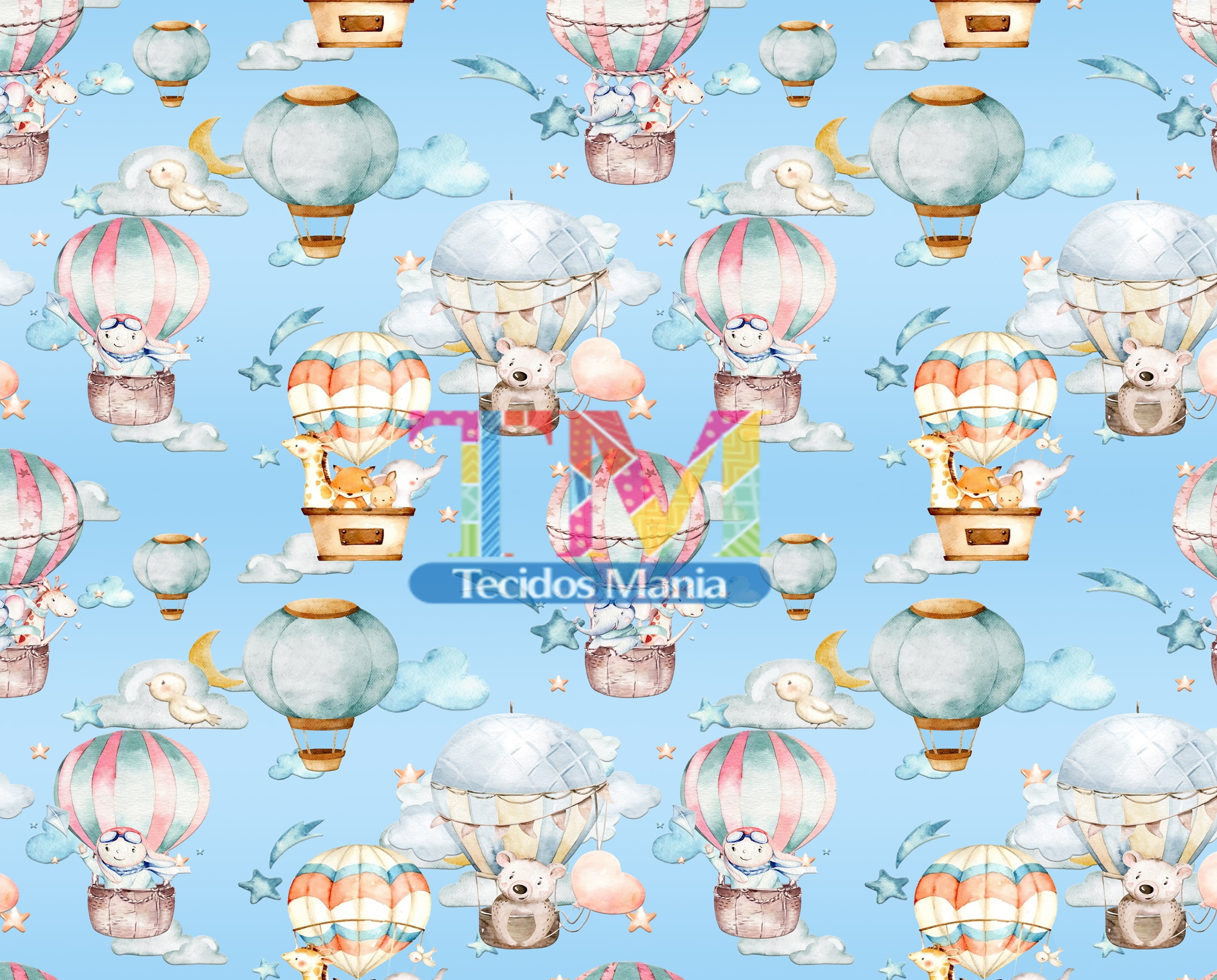 Sintético doll estampado  - Bichinhos No Balão - Céu