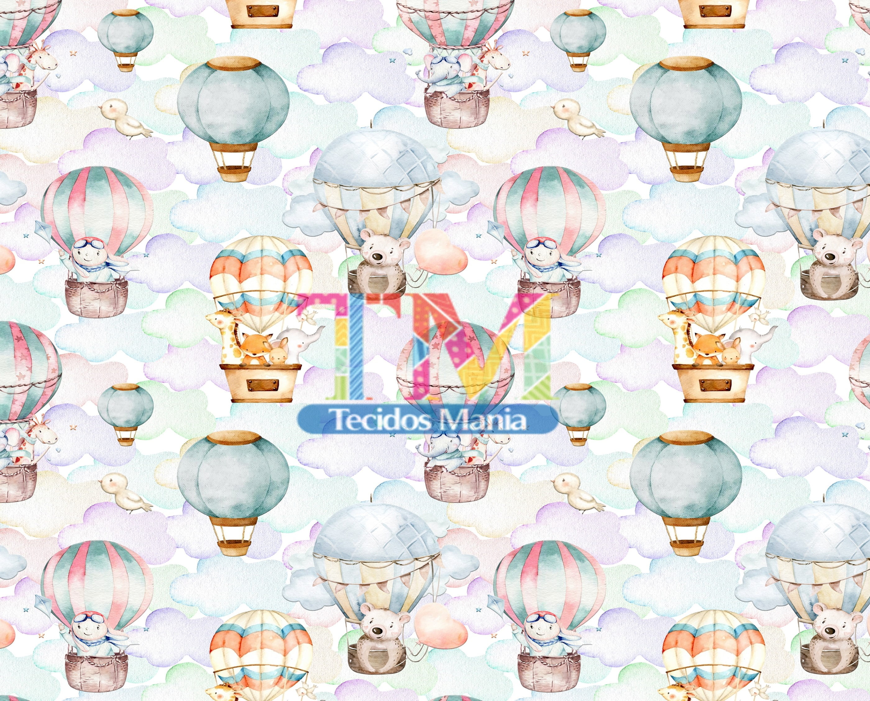 Sintético doll estampado  - Bichinhos No Balão - Nuvens