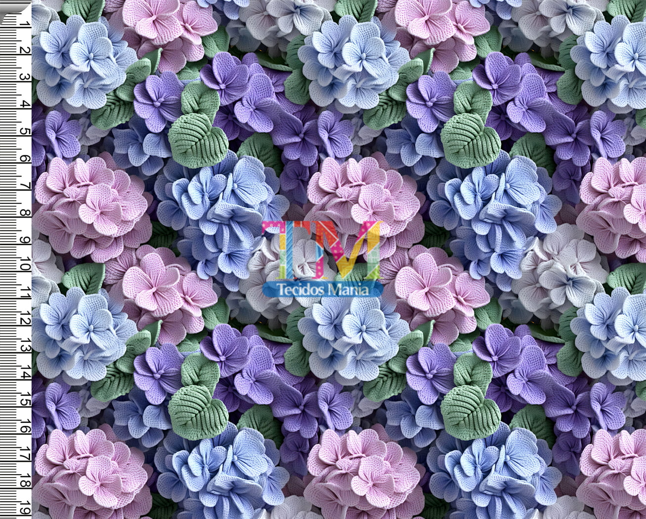 Sintético doll estampado - Buquê - hortênsia - rosa e roxo