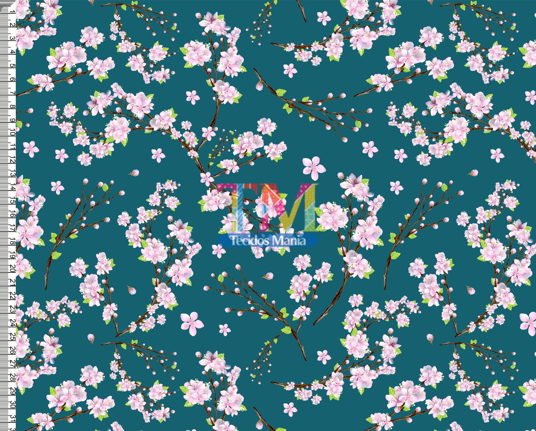 Sintético doll estampado - Cerejeiras - fundo verde