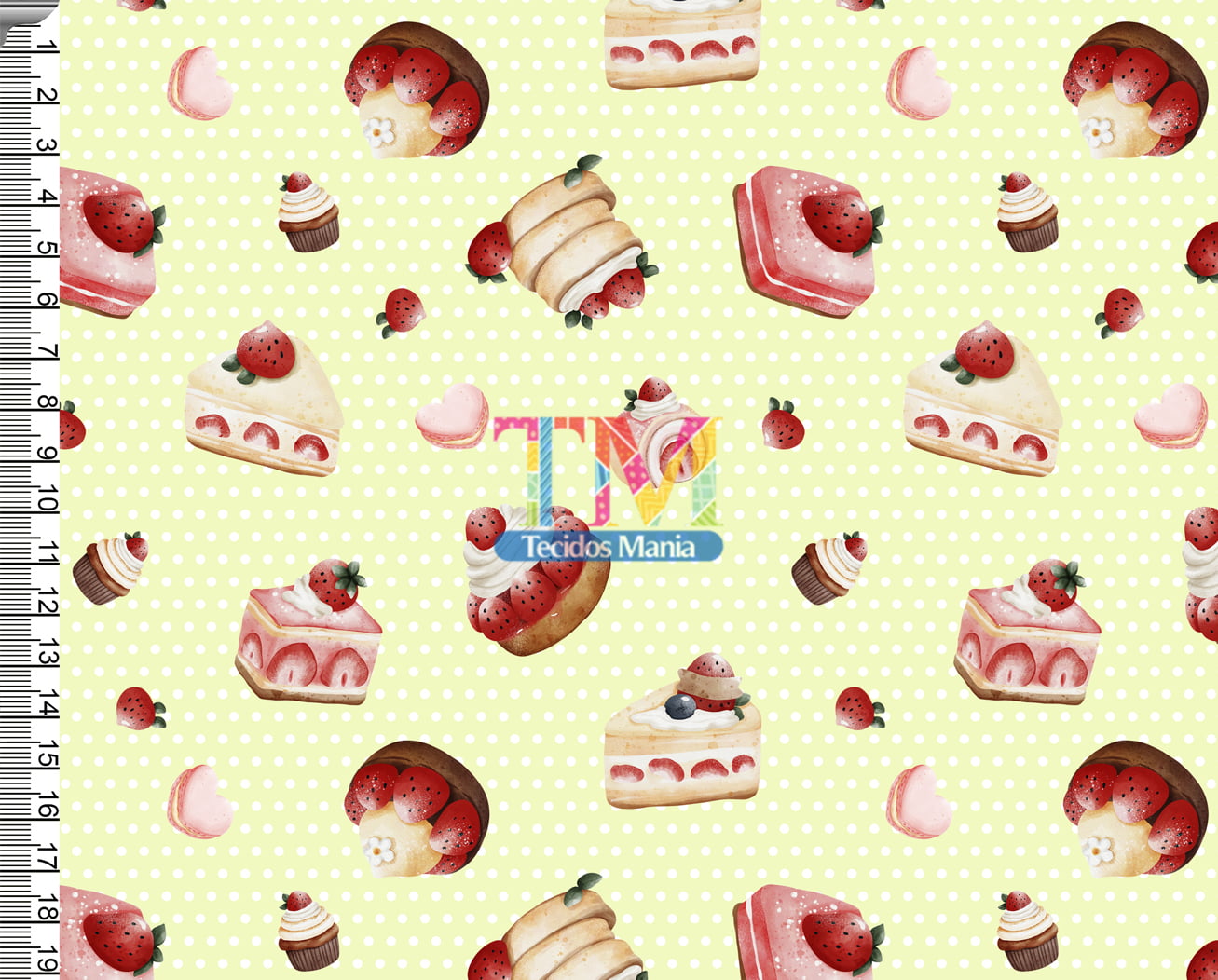 Sintético doll estampado  - Doces de morango - Poá amarelo