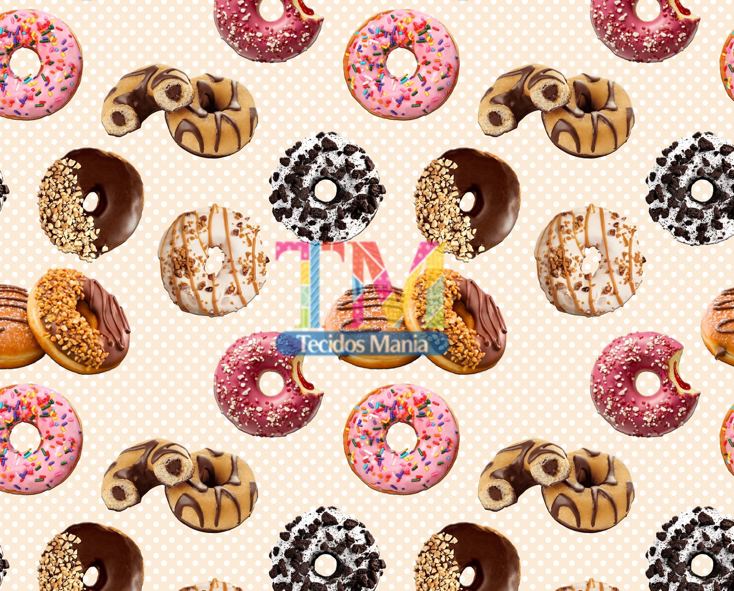 Sintético doll estampado  - Donuts - Fundo poá bege com branco
