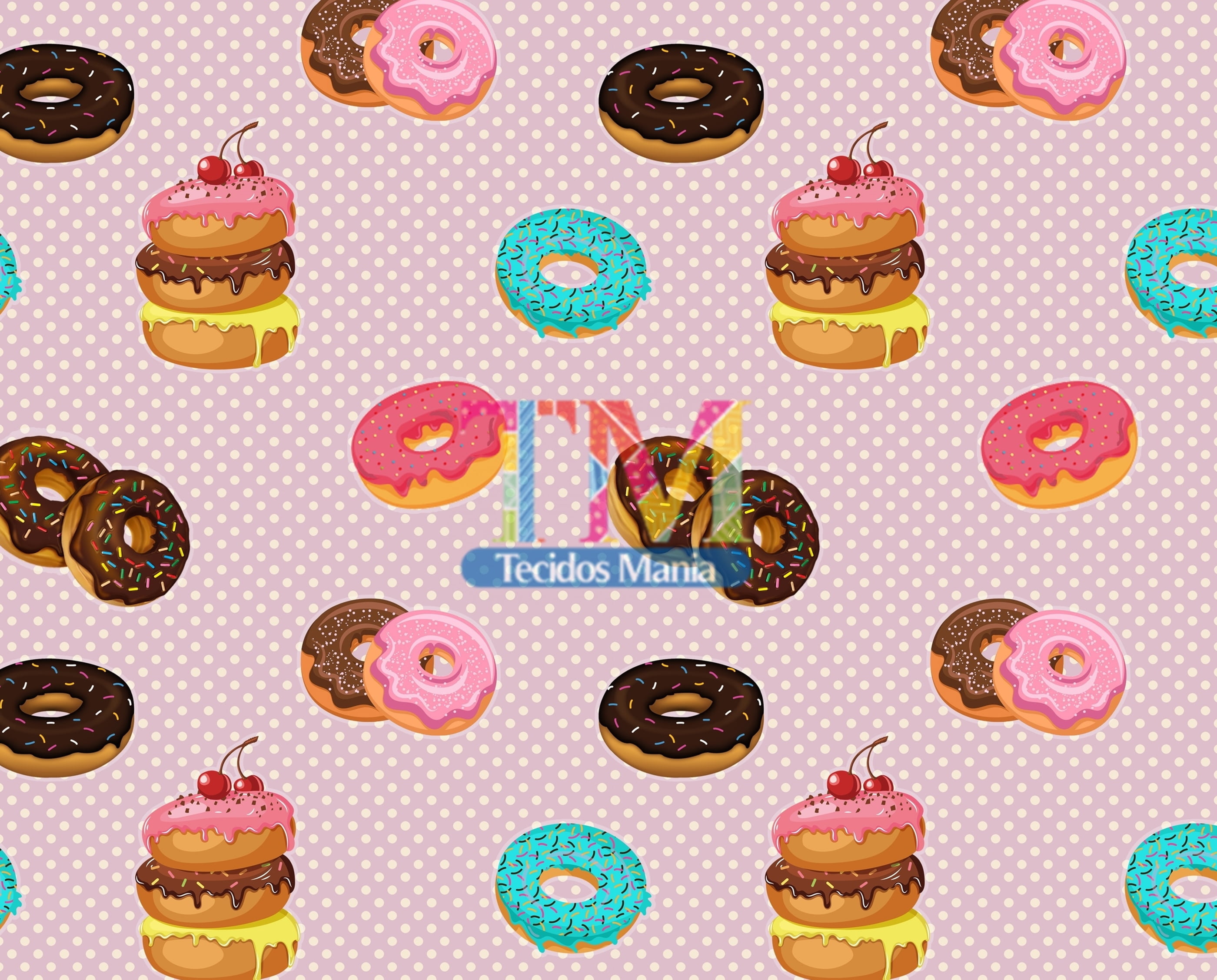 Sintético doll estampado  - Donuts - Fundo poá rosa com bege